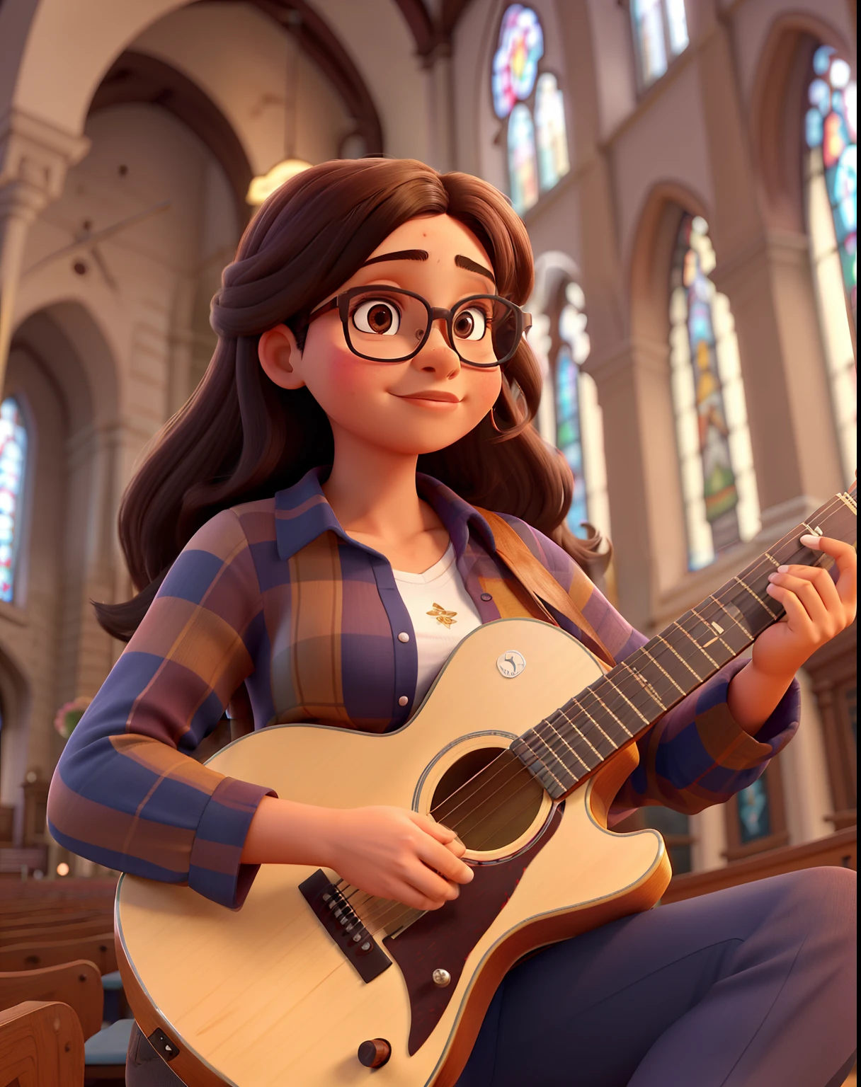 Uma senhora gorda , Morena, pele marrom escura, muito cacheado, Escuro, medium-length hair, wearing prescription glasses , Playing guitar in a church with brown pants and dark blue blouse