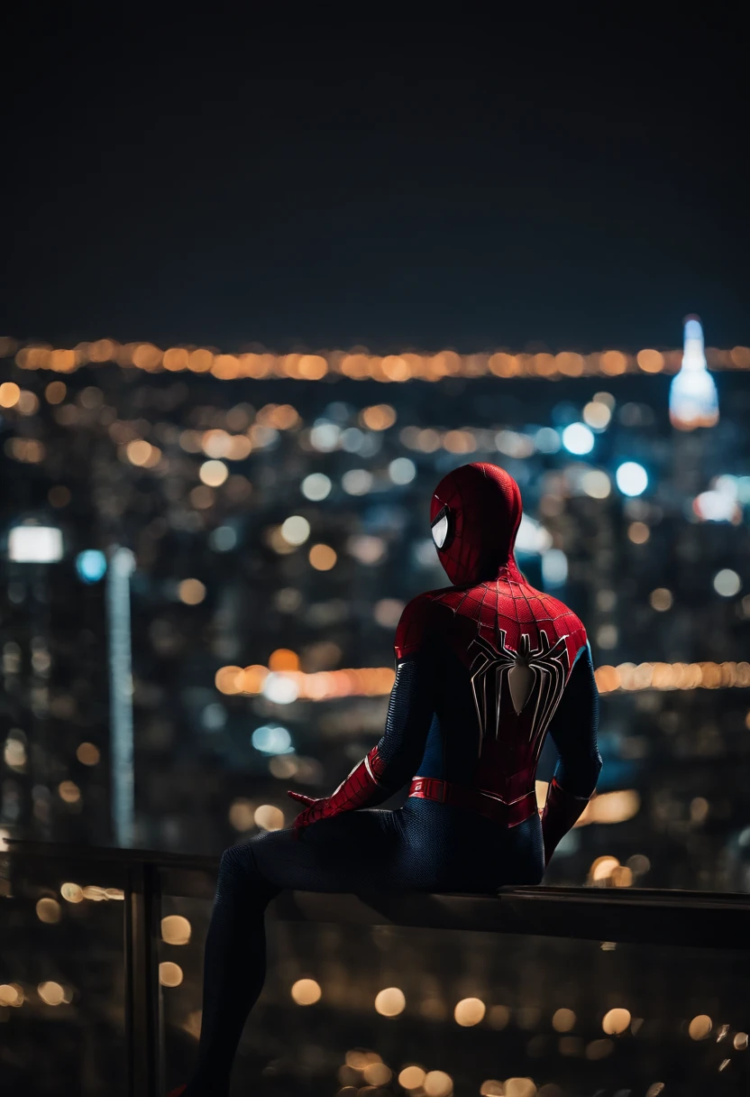 Black suit Spider-Man looking over a city at night time