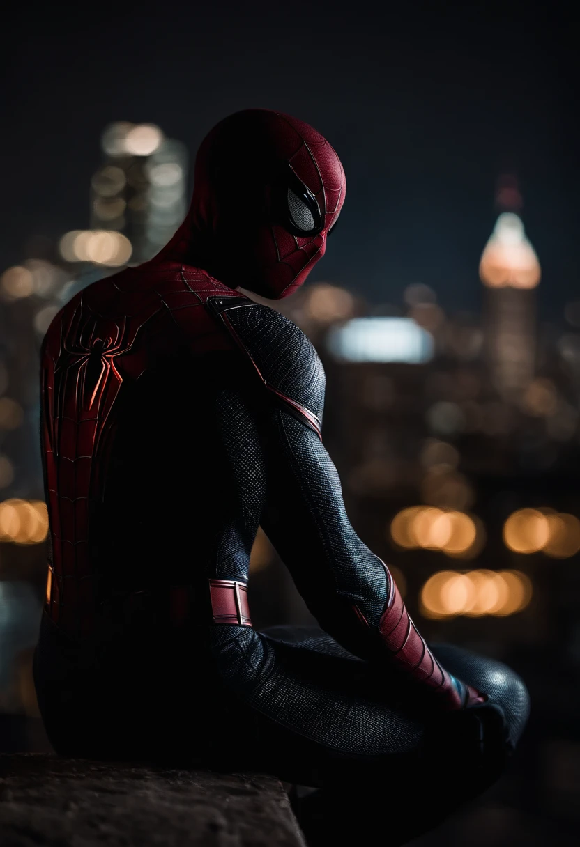 Black suit Spider-Man looking over a city at night time