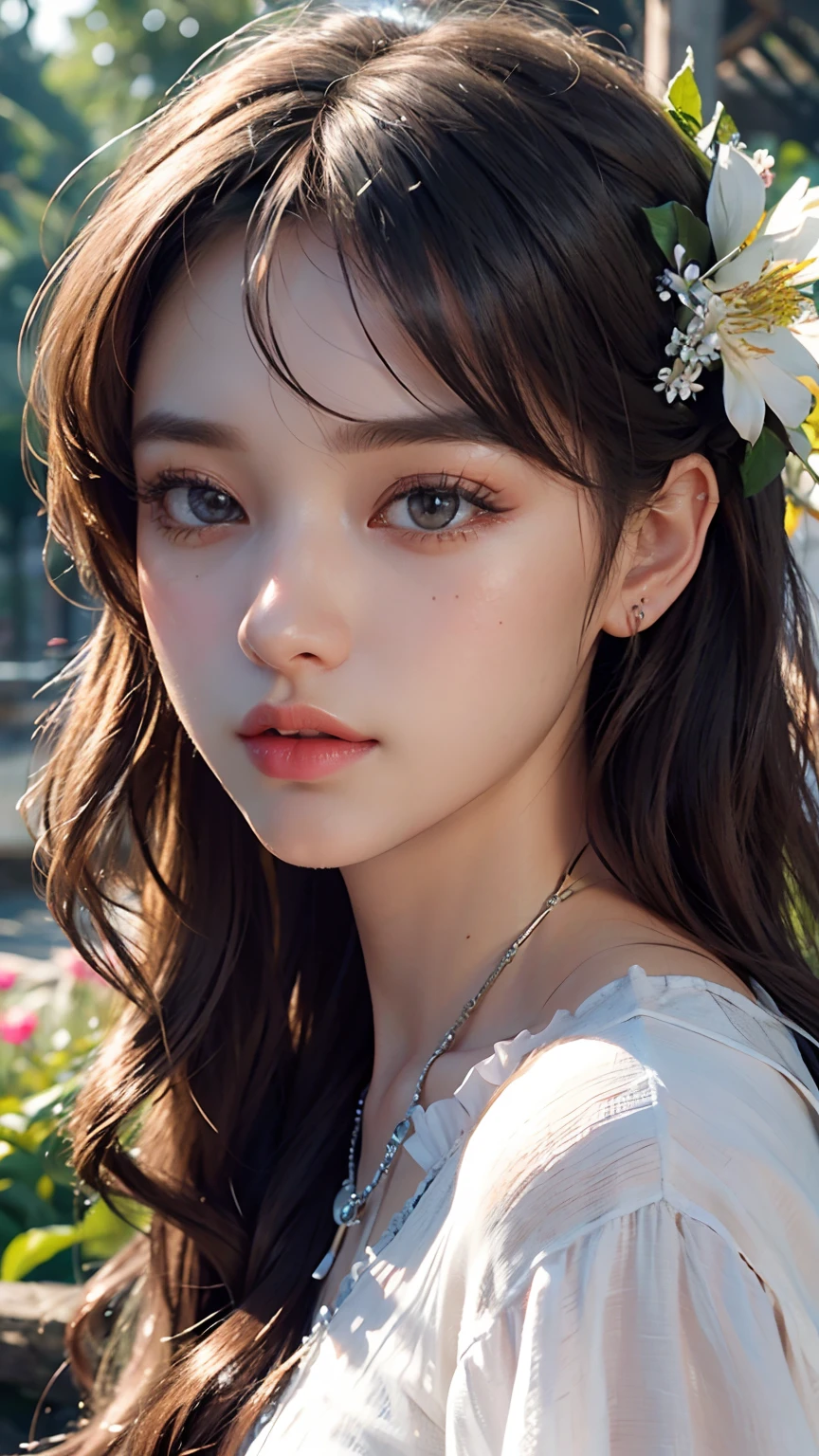 (ultra-detailed, HDR, UHD, 3D:1.2), most beautiful girl, detailed eyes, detailed lips, extremely detailed face, long eyelashes, vibrant colors, glowing skin, flowing hair, delicate features, graceful posture, blooming flowers in the background, soft sunlight, dreamy atmosphere, enchanting gaze