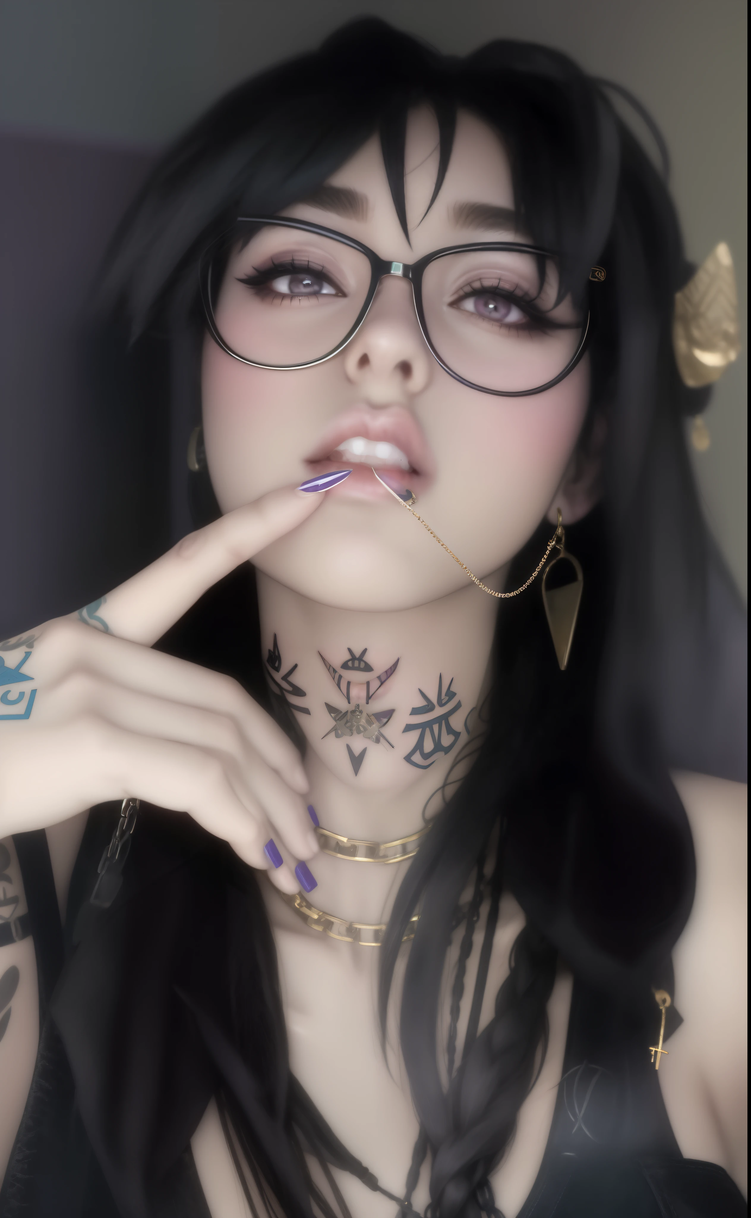 arafed woman with glasses and a tattoo on her neck, piercings collar, lip ring piercing connect with chain and tied in ear, wearing a native american choker, 1 7 - - old h girl, wearing a bandana and chain, wearing choker, charli xcx, septum piercing, wearing gold detailed choker, wears a egyptian ankh necklace, piercing, thick lips, anime vibes