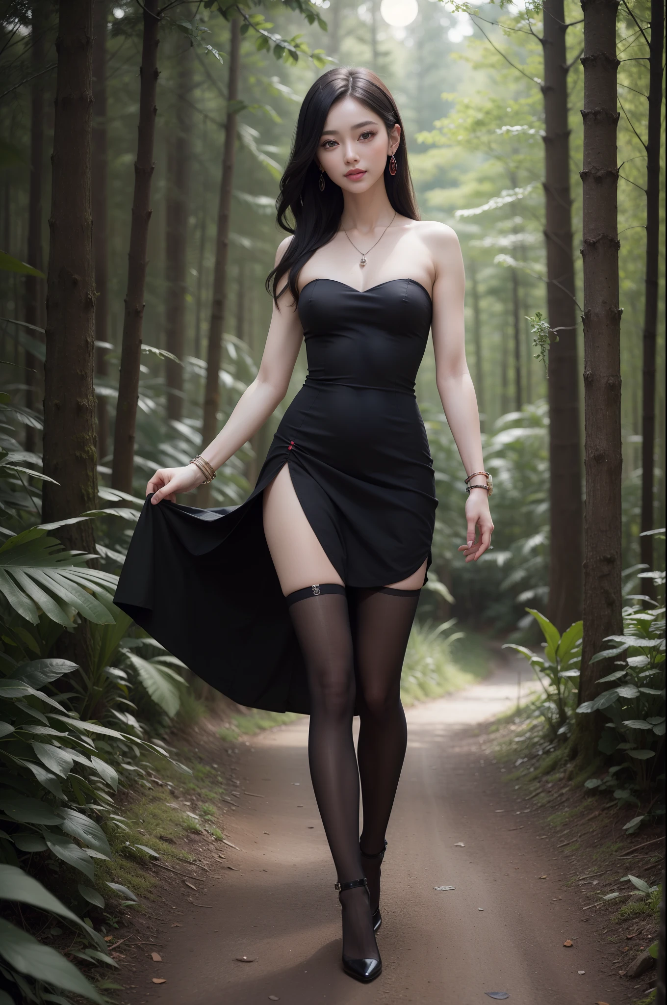 8k, Masterpiece, RAW Photo, Best Quality, Detail: 1.2), Realistic Photo, Extremely Detailed 8k Unified CG Wallpapers, Depth of Field, Cinematic Light, Lens Flare, Ray Tracing (Extremely Beautiful Face, Beautiful Lips , beautiful eyes), Face with intricate details, ((Ultra detailed skin)) 1girll, Deep dark shadow, Korean pretty girl, Kpop idol, (Very slim and slim muscular body: 1.3), ((View viewer)), (Great smile), (black and red mini dress), (No panties), (Injection bracelet), (Forest background), (moon), (Night), Korean pretty girl, Earrings, bracelet, necklace, no pantyhose, eyes light, walking, (pale skin), Waiting, (big eyes), ((full length standing photo)), (heels), butt, photo from behind
