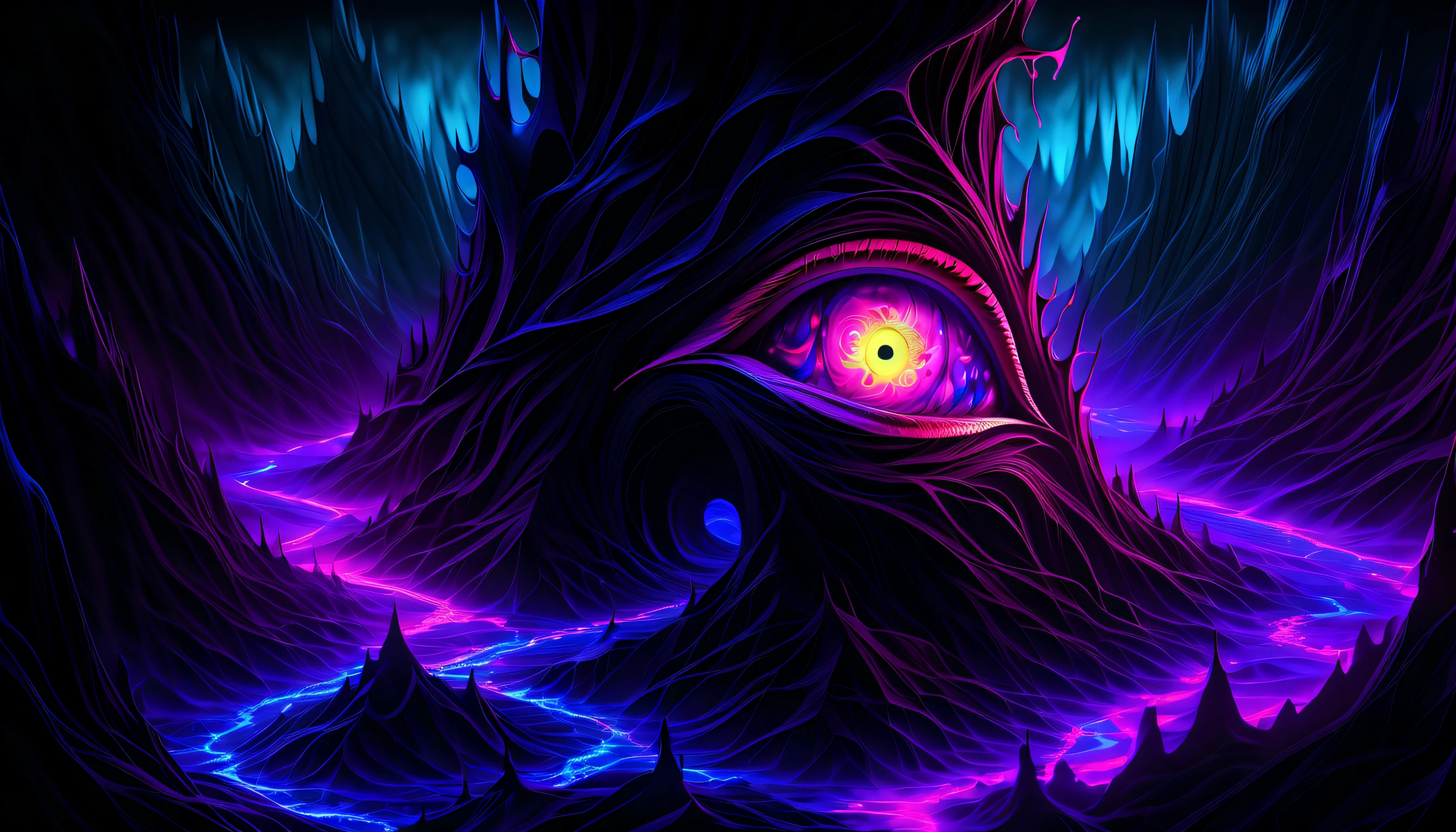 devil's eye glows within the beautiful ice tower glows, dark fantasy wish hell background, roots of a neuron devil spread, line between illusion and insanity is blurred, ablaze with infernal flames, delicate wisps of fog that curl around, entwined with the very fiber fabric of the structure, rich colors, (((stunning mesmerizing gash paint and black light painting:1.3))), (((intricate insane details of dark masterpiece:1.3))), (((radiosity rendered in stunning 32k resolution beauty:1.3))), (((exuding a sense of sophistication and maturity of stunning landscape illustration:1.3))),