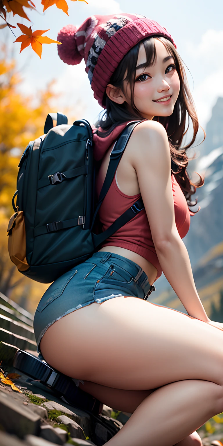 top-quality、Top image quality、masterpiece、Face Real(Super close-up looking up from below)、19 year old girl、mountaineering、Back view wearing light shorts that emphasize the thighs、Backpack and climb the slope、Wear a knitted hat on your knees、(Colored leaves、A sexy、Face smile、Face Real