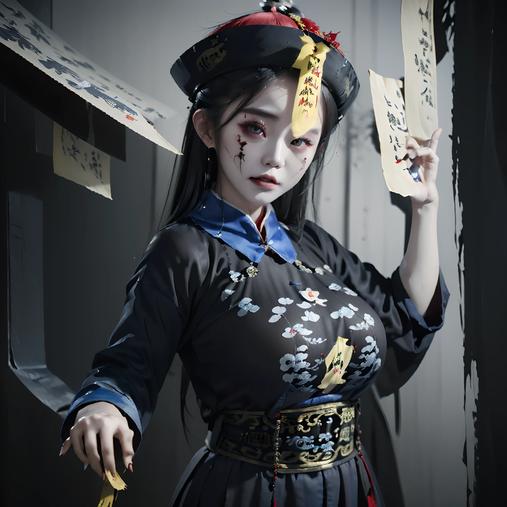 ((masutepiece, Best Quality)), 32K HDR, High resolution, Ultra-detailed, intricate detailes, Cyberpunk, ((1girl in:1.2)), Jiangshi Costume, Dressed as Jiang Shi, (Huangfu paper on the head:1.9), Solo, (Abandoned hut:1.2, In China), (ominous vibe), (Spooky environment), (((Realistic depiction of a girl from Jiangshi with a Huangfu paper on her head))), (creepy pose:1.1), (Spooky lighting), Visual effects with motion blur and spooky elements, Huge breasts, Colossal tits, Huge boobs,