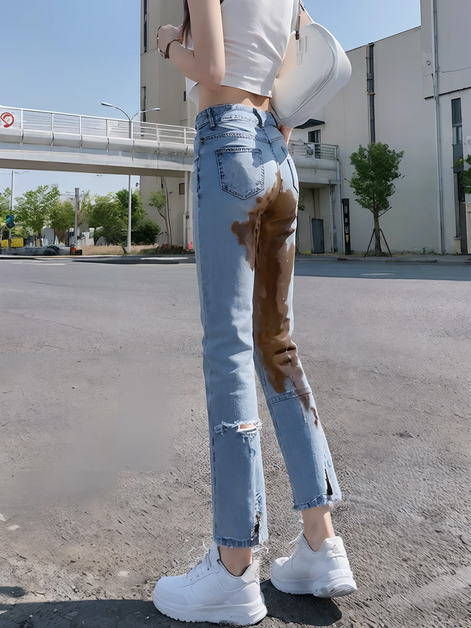 best qualtiy，Have on the street，one-girl，Fashion model，Back shadow，Slender and slender figure，Skinny，As thin as a whipping post，Smaller bust。with tattoos，high-heels，skintight jeans，The legs are dirty，Girls excrete feces in their pants，There is a brownish-yellow viscous liquid on the pants（1:2），Perverted，nausea，artist wearing dirty，Wear dirty pants，excrement, vomit，polution，Dirty legs，Dirt stains cov。The bottom of the butt is raised