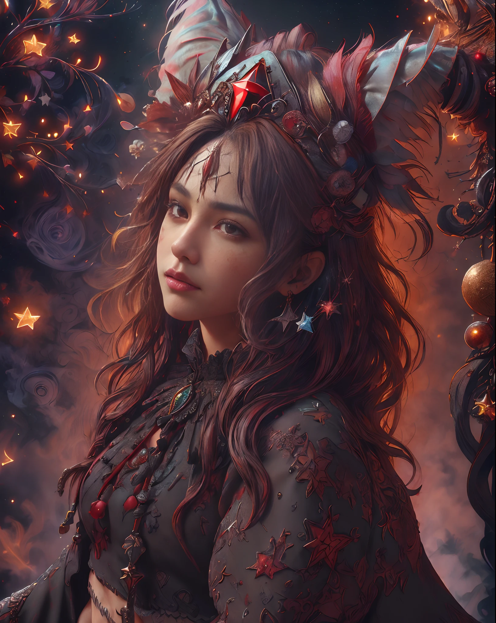 ((extreme detail)),(ultra-detailed), extremely detailed CG unity 8k wallpaper, velvet, figurine, red hood, crop top, star headdress, puffy sleeves, lips, looking away, close-up, head turn, black background