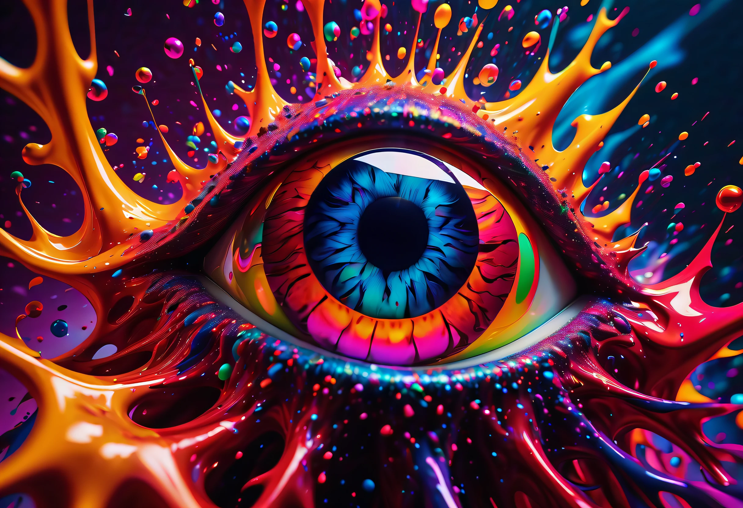 devil's eye, bubble machine, holography style, ultra quality, cinematic still, conceptual contrast, (((radiosity rendered in stunning 32k resolution:1.3))), highest quality, highly quality, crisp clarity that is unmatched, vibrant and chaotic, painting is an explosion of vibrant colors and fluid brushstrokes,