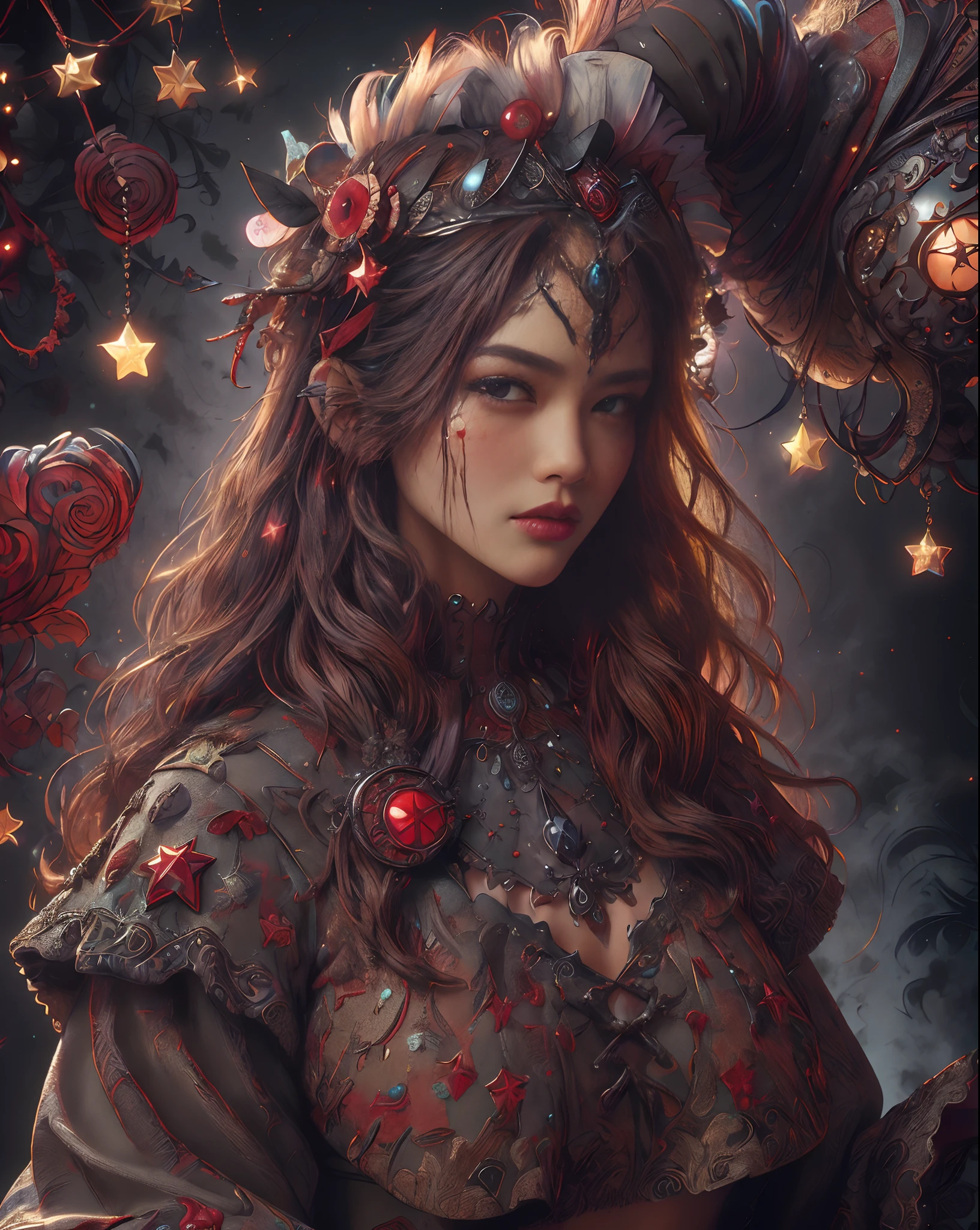 ((extreme detail)),(ultra-detailed), extremely detailed CG unity 8k wallpaper, velvet, figurine, red hood, crop top, star headdress, puffy sleeves, lips, looking away, close-up, head turn, black background