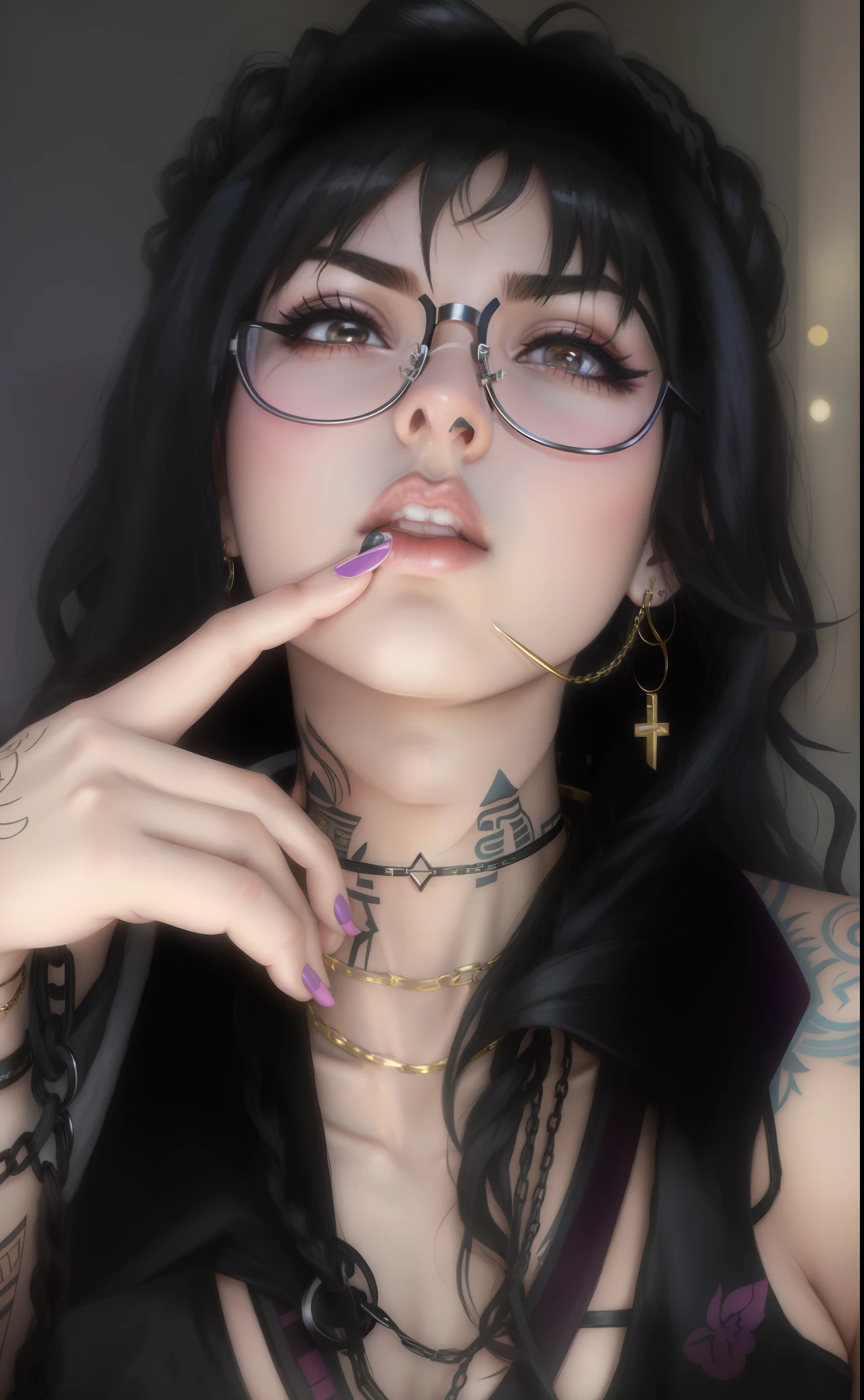 arafed woman with glasses and a tattoo on her neck, piercings collar, lip ring piercing connect with chain and tied in ear, wearing a native american choker, 1 7 - year - old goth girl, wearing a bandana and chain, wearing choker, charli xcx, septum piercing, wearing gold detailed choker, wears a egyptian ankh necklace, piercing, thick lips, anime vibes