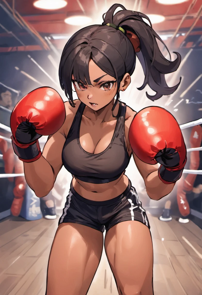 Mature female boxer、Ponytail with black hair、Brown-skinned、Black sports bra and shorts、Boxing gloves、With keen eyes、boxing stance、waist line、Boxing gym on background