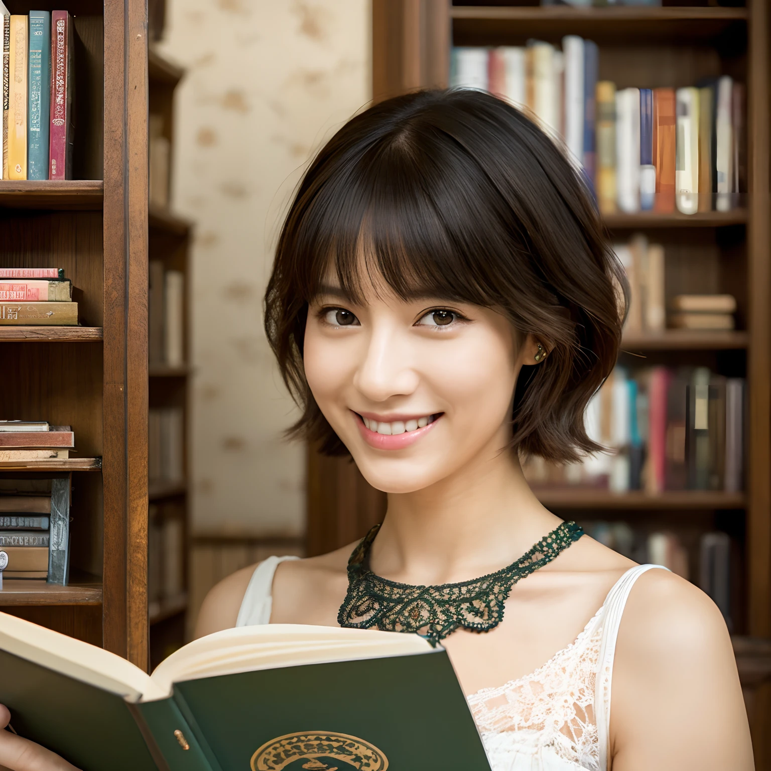 Best Quality, Illustration, Ultra-detailed, finely detail, hight resolution,Wallpaper, Beautiful detailed eyes, Tank Tops,Bob Hair, Reading, Natural Color Lip,Smile,A 40-year-old woman、bookcase、read a book