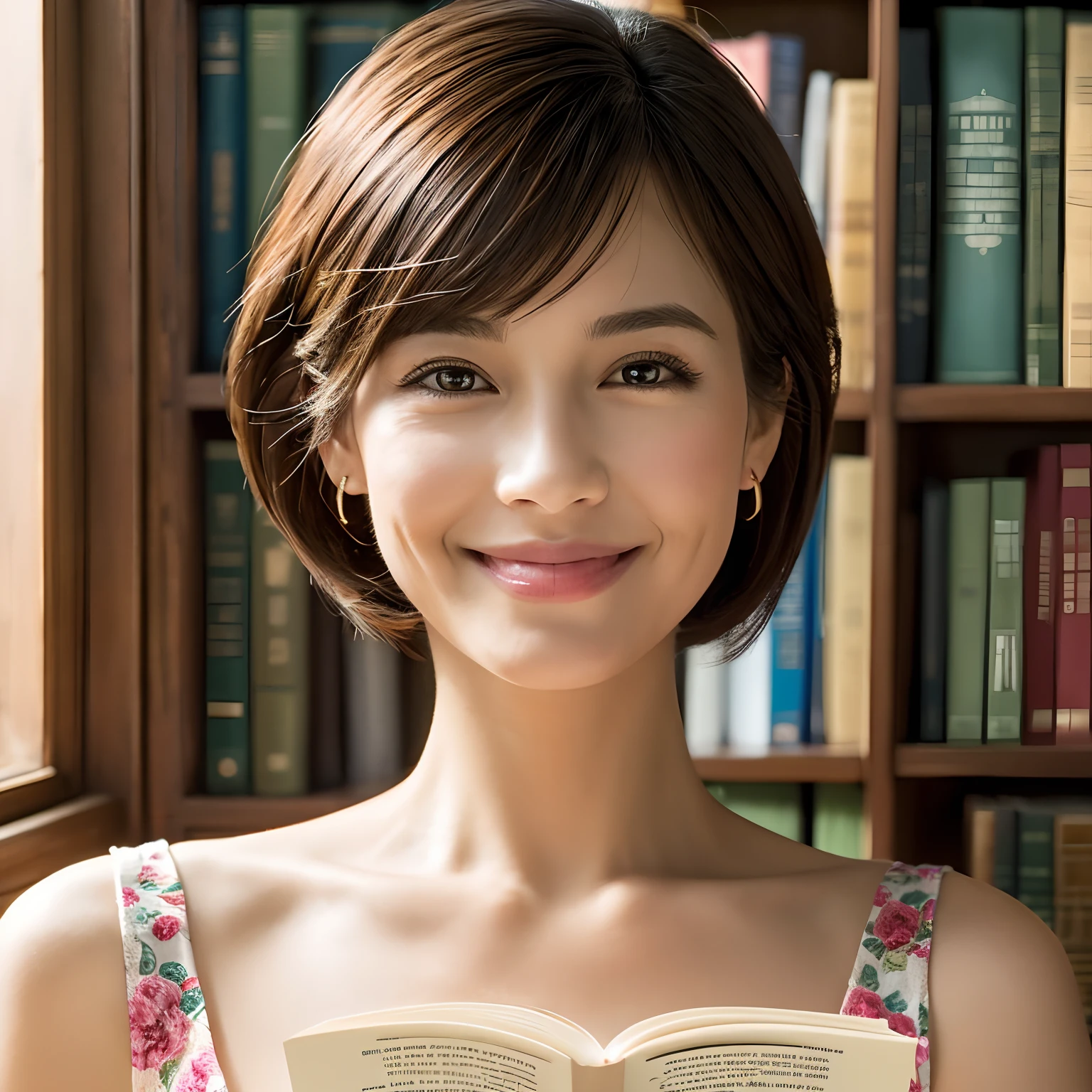 Best Quality, Illustration, Ultra-detailed, finely detail, hight resolution,Wallpaper, Beautiful detailed eyes, Tank Tops,Bob Hair, Reading, Natural Color Lip,Smile,A 40-year-old woman、bookcase、read a book