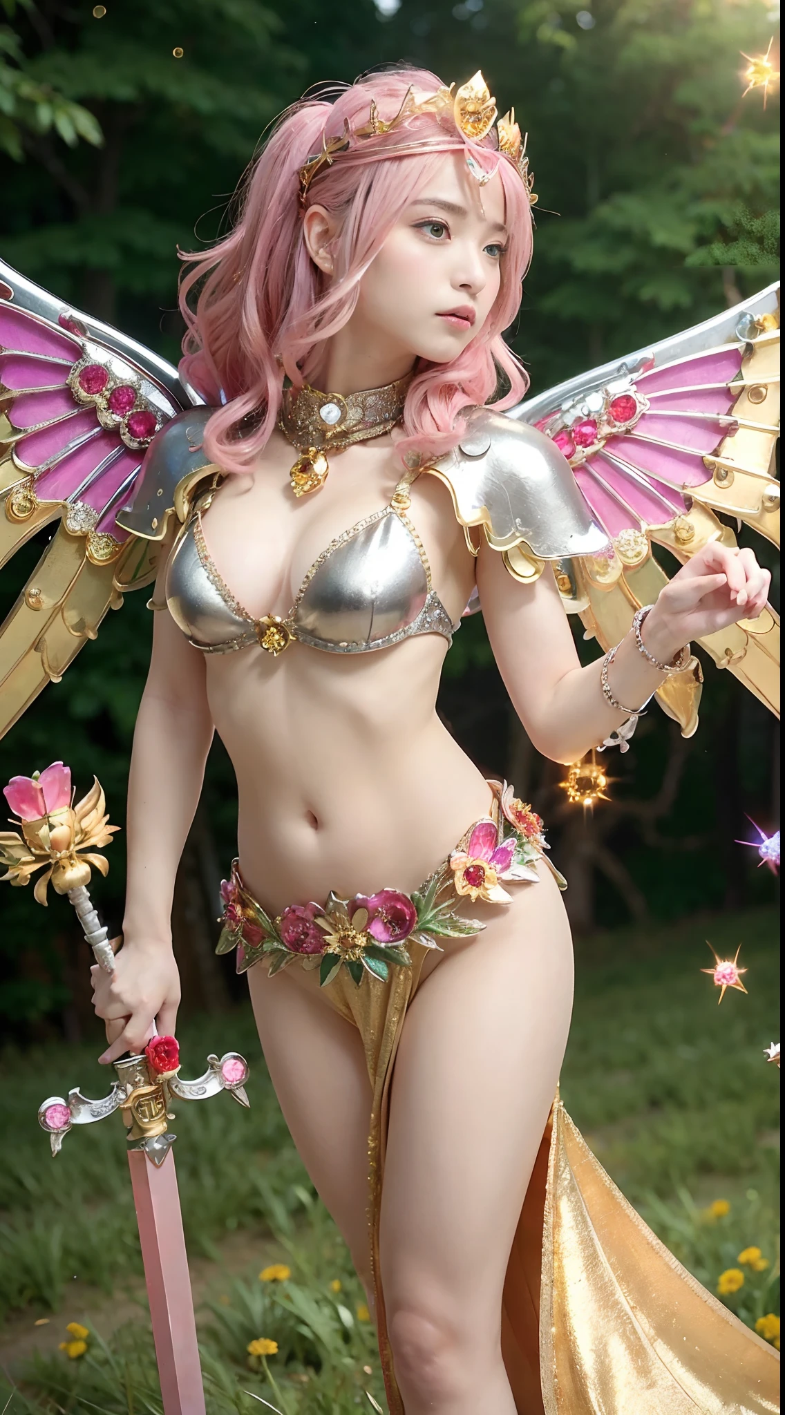 (masutepiece), Professional , masterpiece、top-quality、photos realistic , depth of fields (Gemstone Flower Metal Body:1.4),(Matte Silver Pink、Jewel Gold Weapon、(Gorgeous castle background)、(ultimate beauty girl)、(Flower rainbow fairy wings grow)、(Jewel Flower Metal Body:1.9),Gorgeous Jewel Metal Weapons , Detailed Sword of the Brave ,( a blond) ,warhammer 40k ,((Floral Micro Bikini))、Particles of light、(Beautiful flower garden background)、 adepta sororitas,Detail and ornate jewel crown、独奏、Brown hair、(Gangle's forest background)、Beautiful Caucasian beauty、1a person、dynamic ungle,(((Diamond tiara with detail and luxury)))、a small face、Powerful poses、(Gorgeous castle background)、huge filesize、20 year old beautiful woman、Thin female fingers、Straight long hair、Beautiful Caucasian beauty、Valley、Fairy of Light、Particles of light、