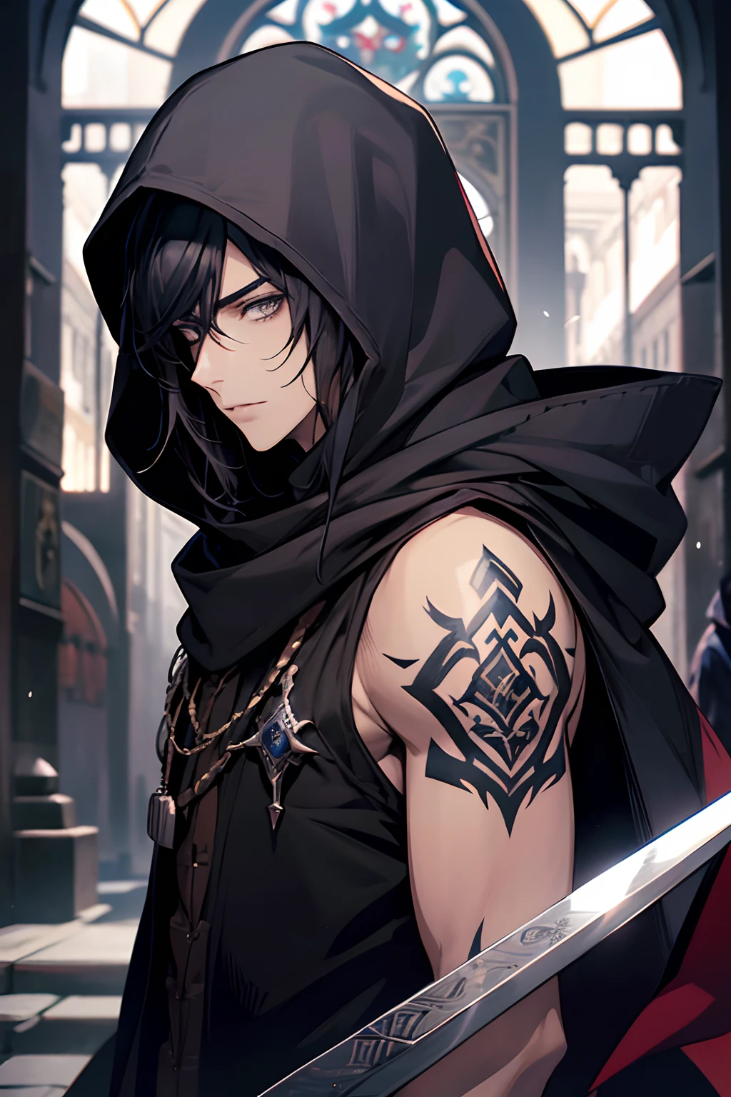 male, silky straight hair with bangs, black hair, blue-grey eyes, beautiful, tattoos, hooded scarf, rogue mage, medieval fantasy