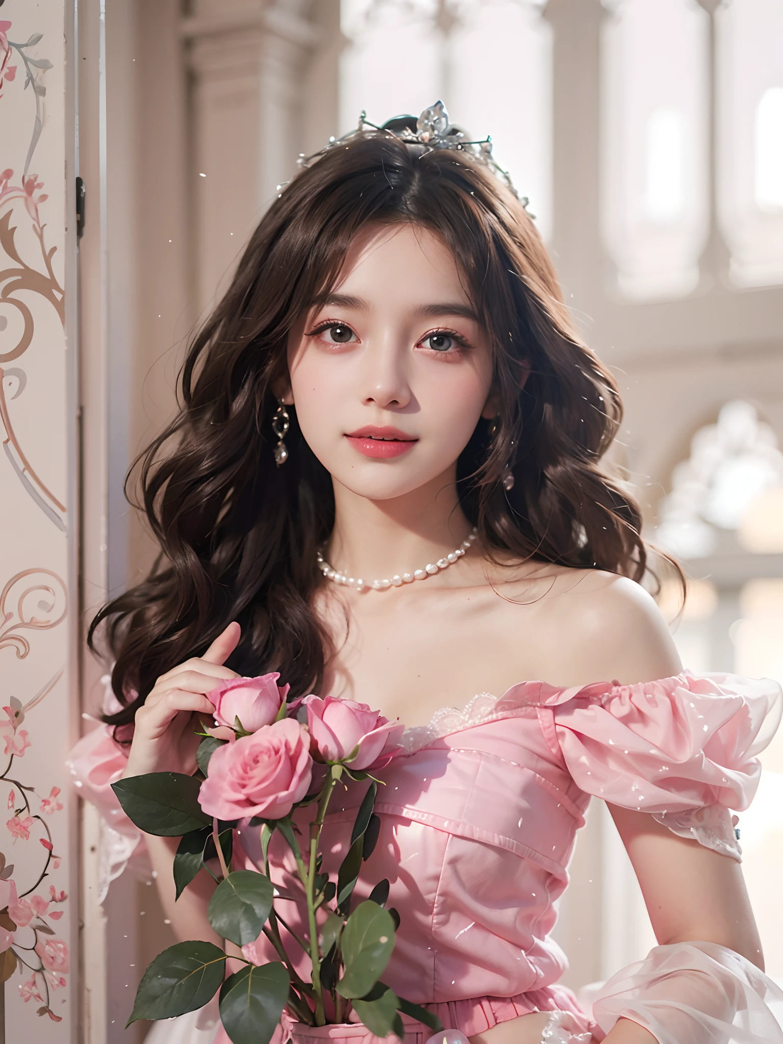 14-year-old girl, ((female)), ((princess crown)), curly hair, wavy hair, pearl necklace, (mesh skirt, lace), ((pink gauze skirt)), smile, holding a rose in hand, noble princess , bow decoration, ((Pink Princess) skirt, pearl decoration, beautiful, cute, happy, pink, off the shoulders, big eyes, fluffy hair, curly hair, (8k, best quality, masterpiece: 1.2), (real, photo Real, photo - real: 1.37), ultra-detailed, pink gauze skirt, brown hair, (playful expression), ray tracing, ultra high definition, textured skin, high quality, high resolution, award-winning, 1080P, 4K, HD,