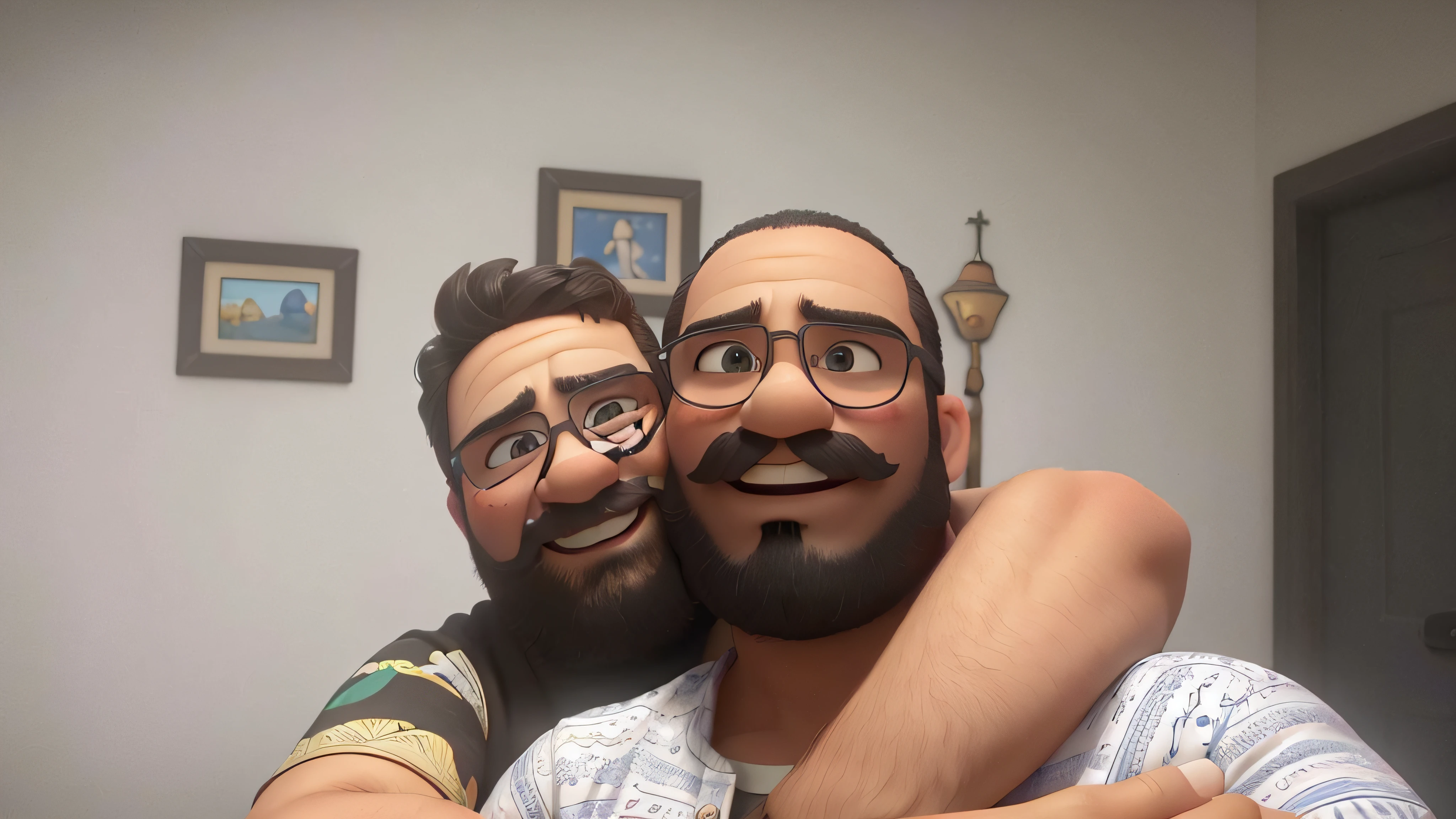 Make a post with a Disney Pixar style title, alta qualidade baixa qualidade casal gay sorrindo, cores vibrantes apaixonados, moreno claro, mais gordinho parrudo 37 anos de idade 100 kilos, Black beard and mustache, straight hair on the side, printed shirt hugging another slimmer black 35 years old, 75 kilos, olhos castanhos brasileiros usa oculos barba e bigode curta, careca, castanha escura camiseta florida