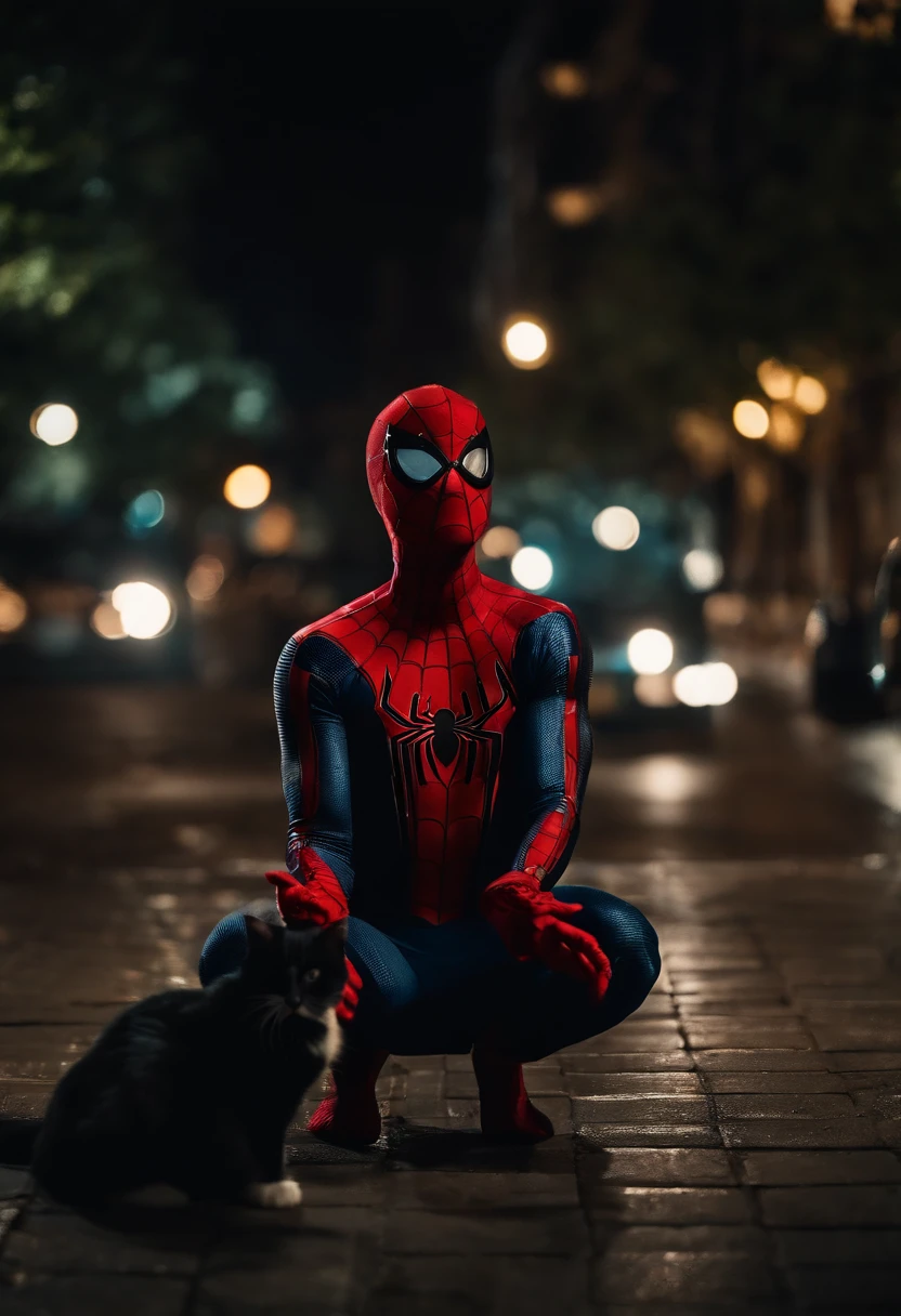 Spider-Man with black cat fighting robbers at night time in a city
