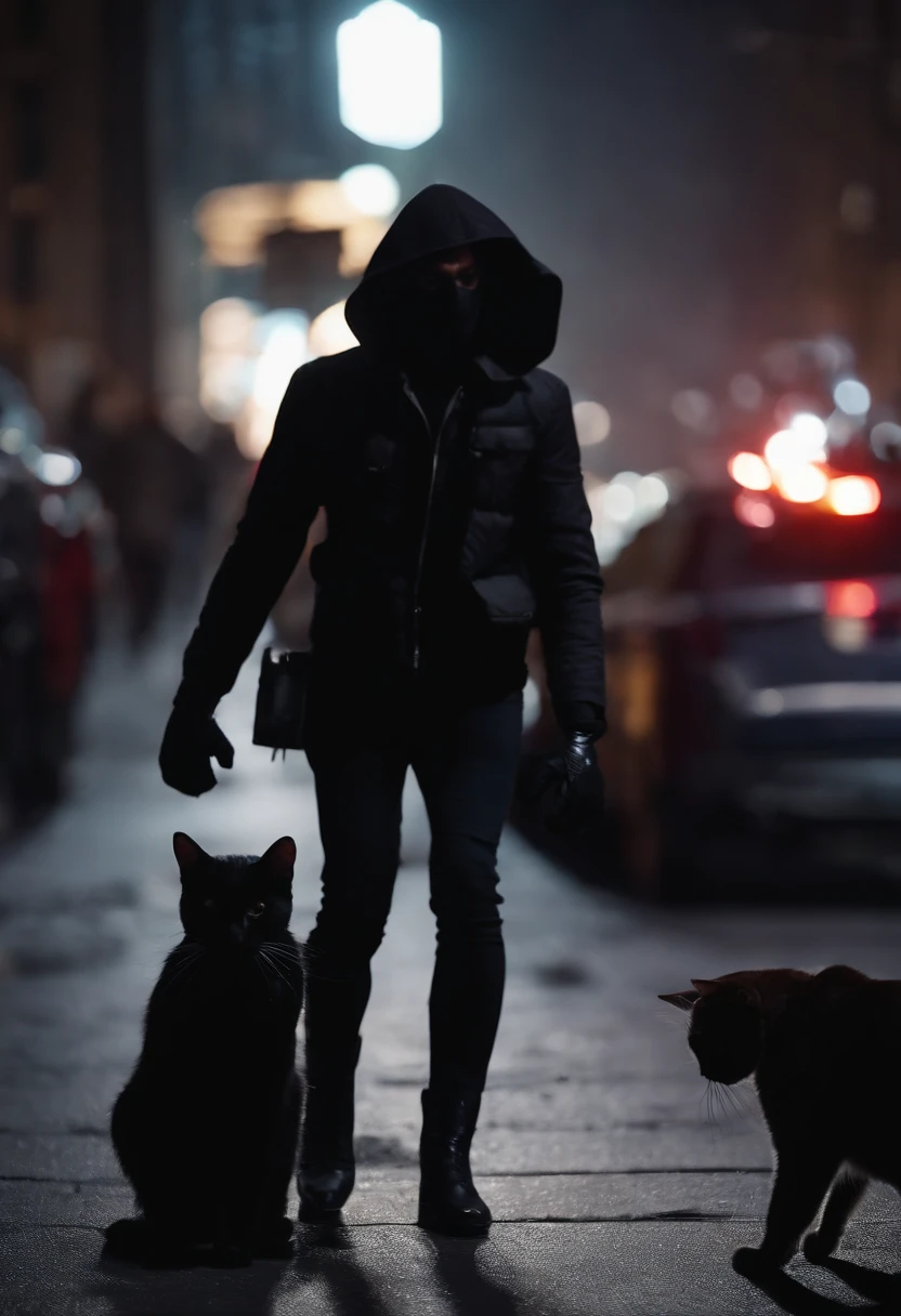 Spider-Man with black cat fighting robbers at night time in a city