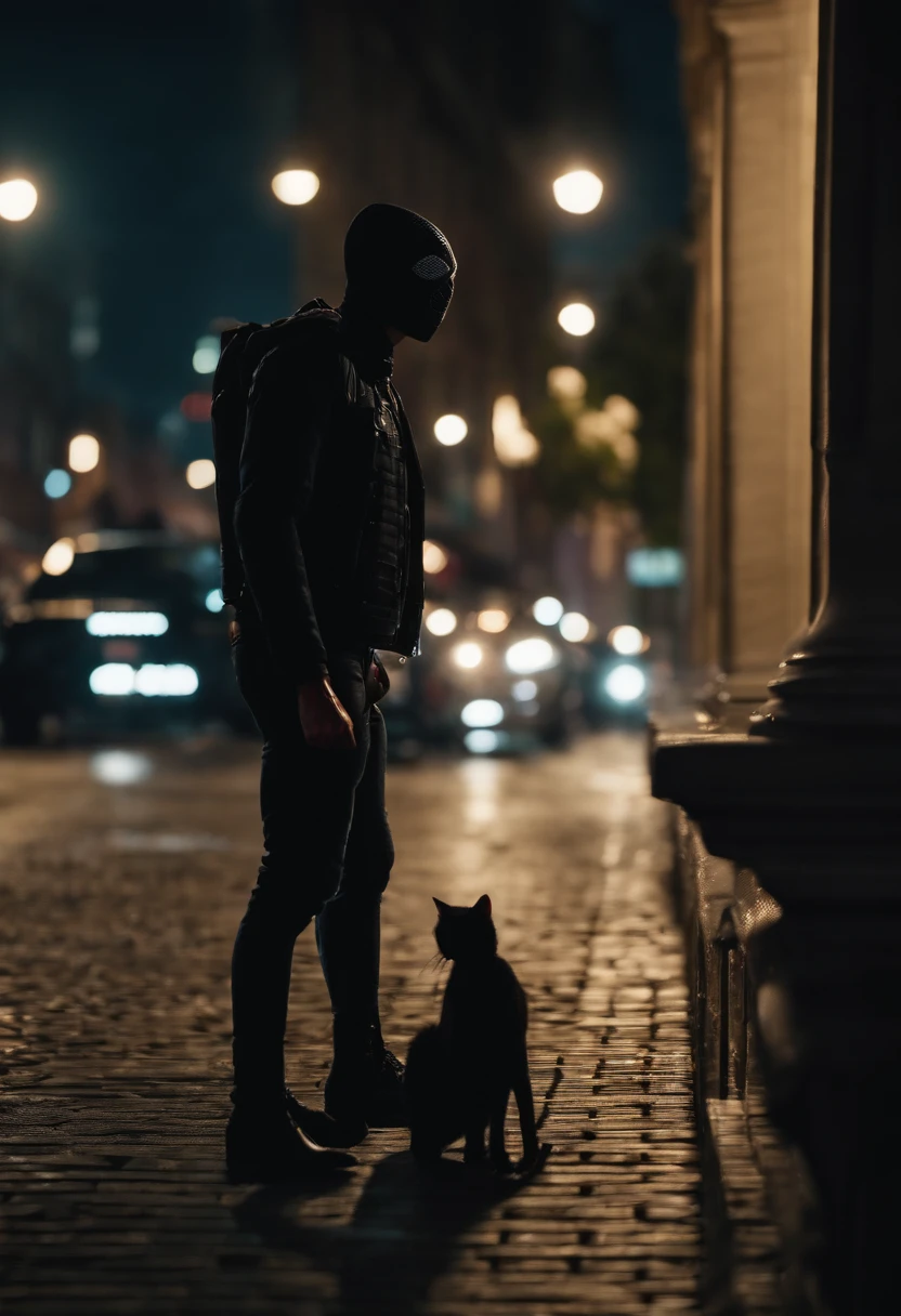 Spider-Man with black cat fighting robbers at night time in a city