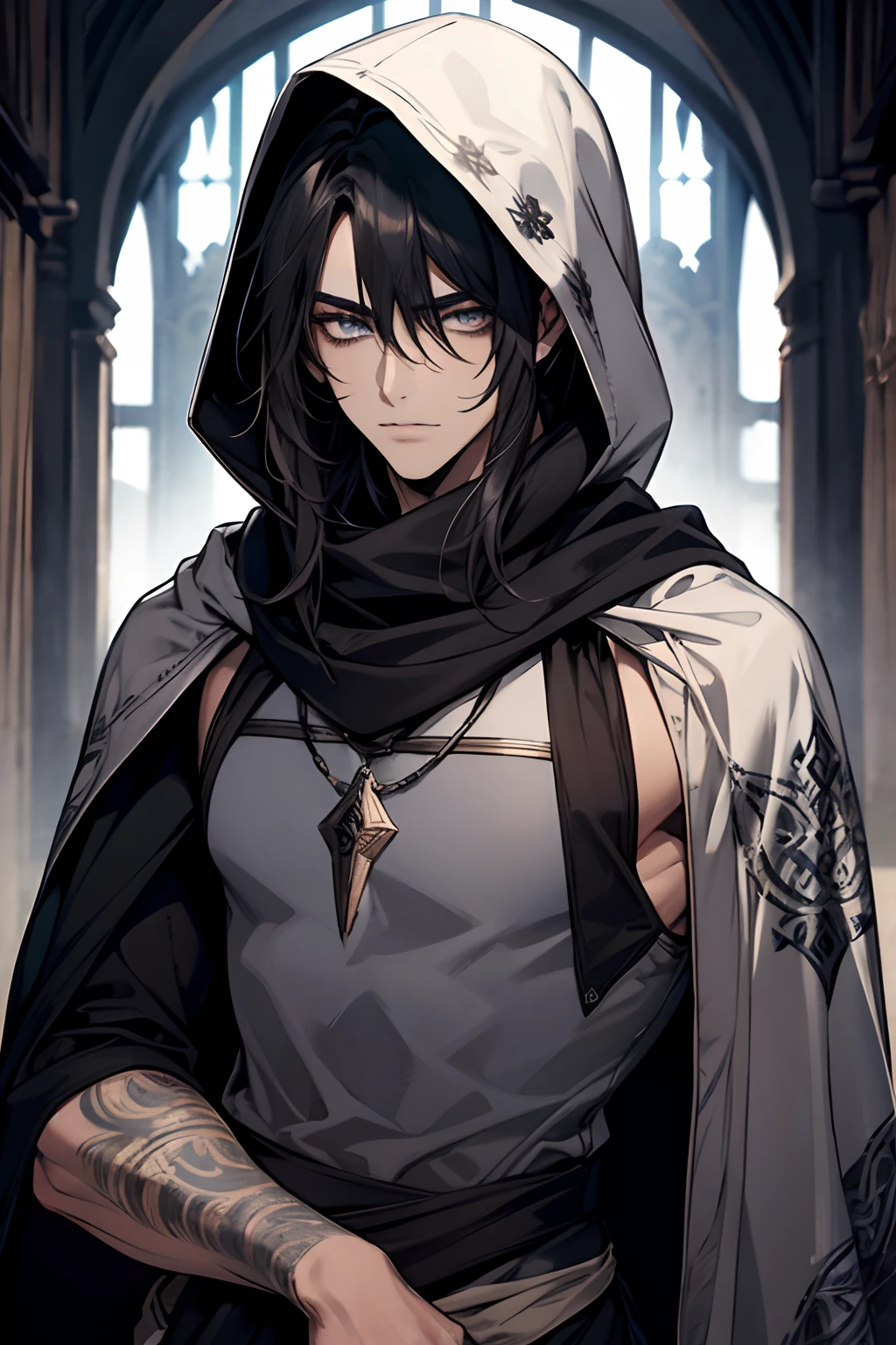 male, silky straight hair with bangs, black hair, blue-grey eyes, beautiful, handsome, tattoos, hooded scarf, rogue mage, medieval fantasy