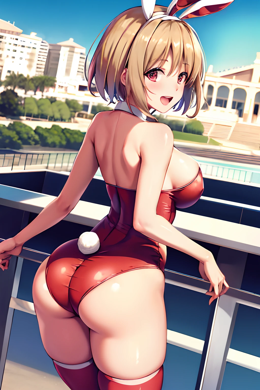 Big tits, red hot bunny girl outfit, masterpiece, best quality, highres, aakikyo, short hair, hair intakes, white hairband, bunny girl hairband, stocking, cowboy shot, standing, outdoors, straight-on, arms at sides, smile, open mouth, at casino, view from back, big butt