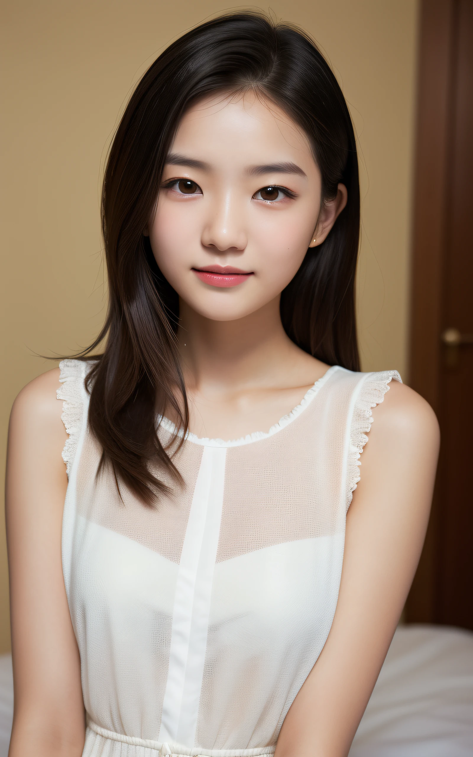 Unclear、petite person、(Long white silk camisole、white panties)、Outside the field、(Slimed、small tit、flat boobs、small tit)、Photorealsitic、detaileds, Skin Texture, ultra-detailliert、Delicate and sexy collarbone、Super Detailed Face、Detailed lips、A detailed eye、二重まぶた、 girl、Sexual facial expressions、Wet body、((Nipple bumps、Wet White Sheer Camisole))