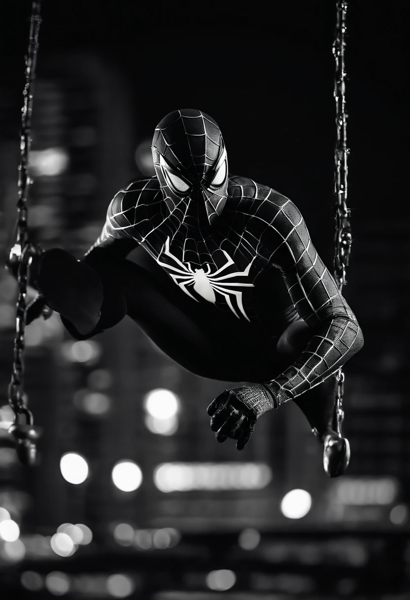 Spider-Man with a black and white swinging through a city at night time