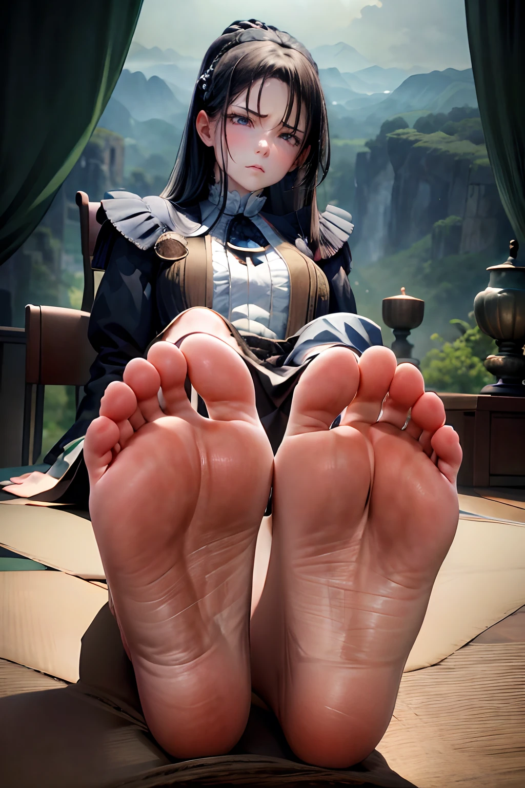 A woman sits in a chair，Feet up, whaite hair, black reotard, Master masterpieces，Highest image quality , Towering over the landscape, angle of view, looking down at you, Disdainful expression，Close-up of the soles of the feet，Expose the soles of your feet，scowling，4k画质