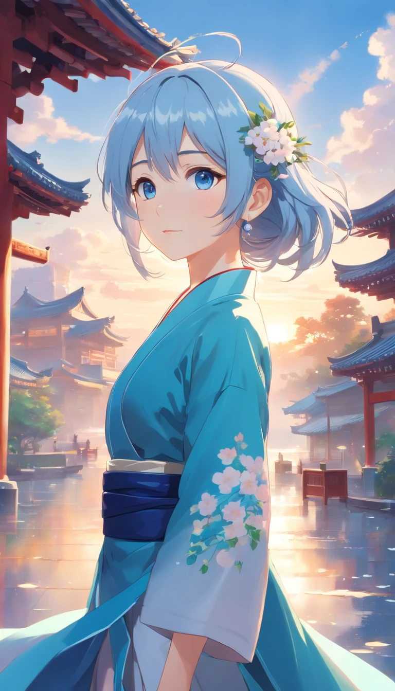 Mature girl, blue eyes, blue-white hair color, floating hair, delicate and flexible eyes, intricate damask Hanfu, gorgeous accessories, wearing pearl earrings, FOV, f/1.8, masterpiece, ancient Chinese architecture, blue sky, flower petals flying, front portrait shot, Chang'e, side lighting, sunlight on people, 8K