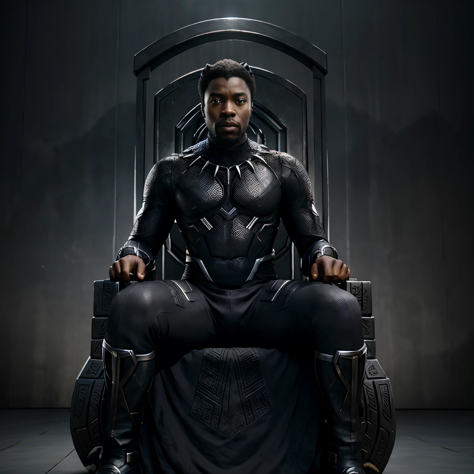 Black Panther Tchala sitting on the throne of Wakanda with the uniform without mask, realistic shield background