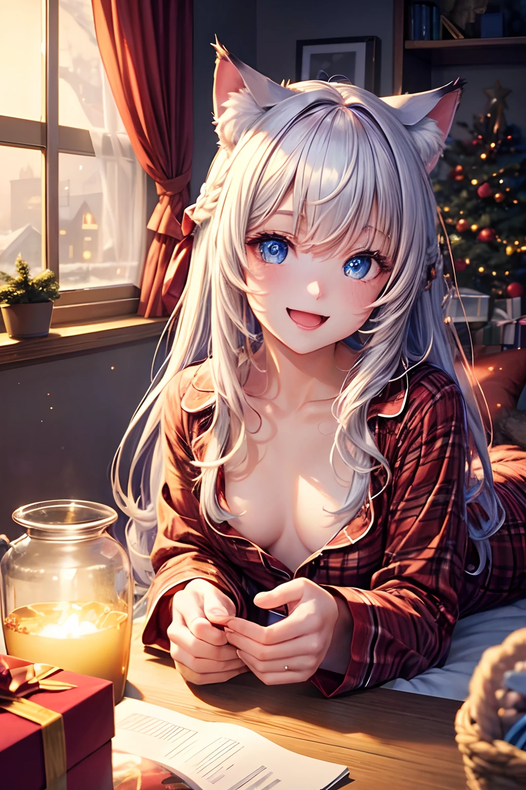 Top quality, high resolution, perfect human structure, figure focus, front view, glowing hair, glowing eyes, cat ears, winter, Christmas, presents, happy, pajamas, overall angle, medium chest, living room, happy laugh, gradient eyes, swept bangs,