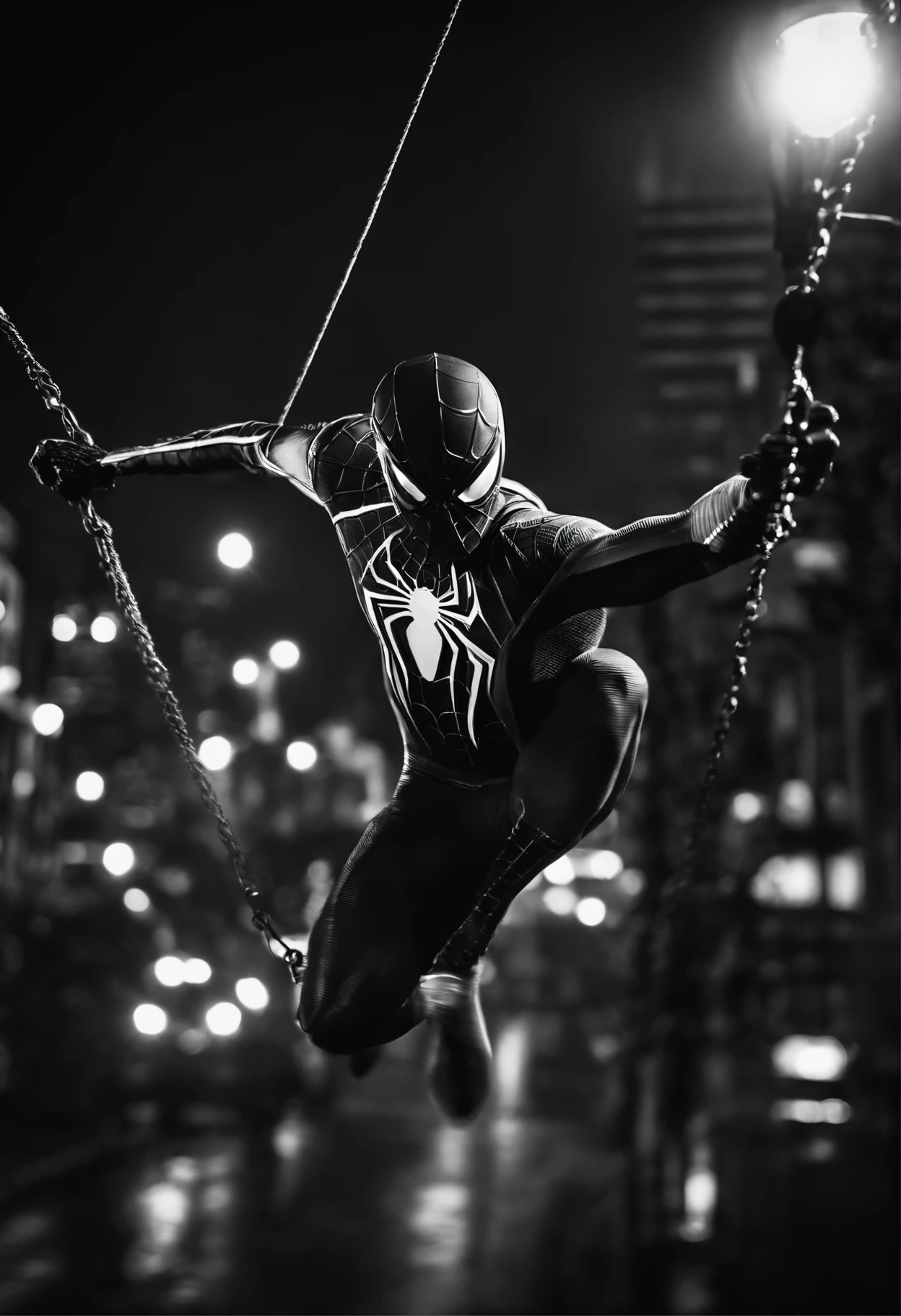 Spider-Man with a black and white swinging through a city at night time