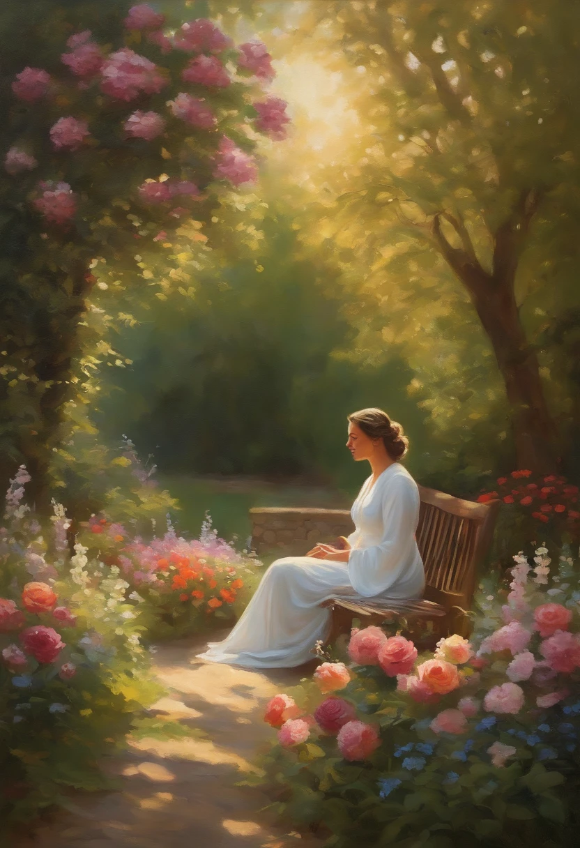 "A person meditating in a peaceful garden, surrounded by flowers and trees, with gentle sunlight filtering through the leaves, (oil painting) depicting a calm and serene expression. The garden is filled with colorful flowers, including roses, lilies, and daisies, and the grass is lush and green. There is a small path leading to a stone bench. The air is filled with the sweet scent of burning incense. The painting is done in a detailed and realistic style, capturing every intricate detail of the flowers and the person's face, with (best quality, highres) and vivid colors. The lighting is soft and diffused, with warm sunlight streaming through the canopy of trees, creating beautiful highlights and shadows on the person's face and the flowers."
