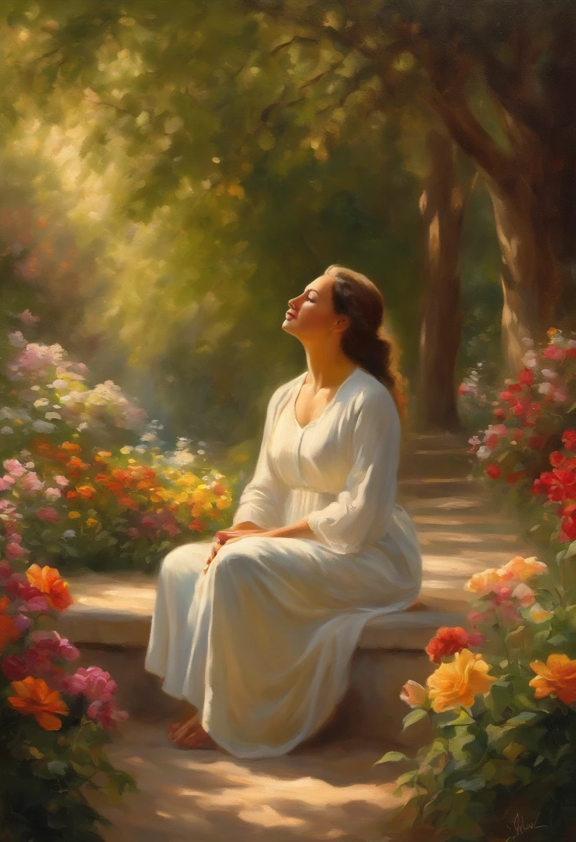 "A person meditating in a peaceful garden, surrounded by flowers and trees, with gentle sunlight filtering through the leaves, (oil painting) depicting a calm and serene expression. The garden is filled with colorful flowers, including roses, lilies, and daisies, and the grass is lush and green. There is a small path leading to a stone bench. The air is filled with the sweet scent of burning incense. The painting is done in a detailed and realistic style, capturing every intricate detail of the flowers and the person's face, with (best quality, highres) and vivid colors. The lighting is soft and diffused, with warm sunlight streaming through the canopy of trees, creating beautiful highlights and shadows on the person's face and the flowers."