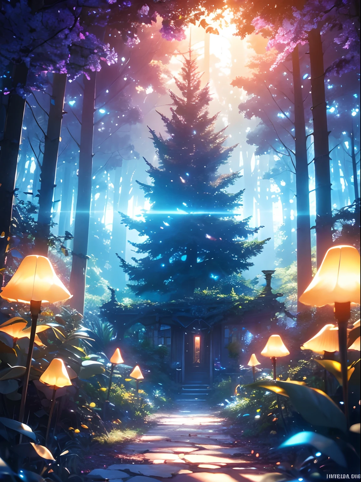 Enchanting mysterious forest, Neon butterfly, Pure blue water river spring, Golden mini fairy, Glowing mushrooms release pollen, Extremely beautiful scenery, (Ultra-realistic), {Extremely detailed 8k CG unit wallpaper}, Expansive landscape photography, (Prioritize a low view of the entire scene, (Broaden your horizons), (low angle shot), (high light: 1.5), (Low light: 1.0), (Warm light source: 1.0), Complex details, (Iridescent colors: 1.5), (Bright lighting), (Atmospheric lighting), Nature, magical, landscape