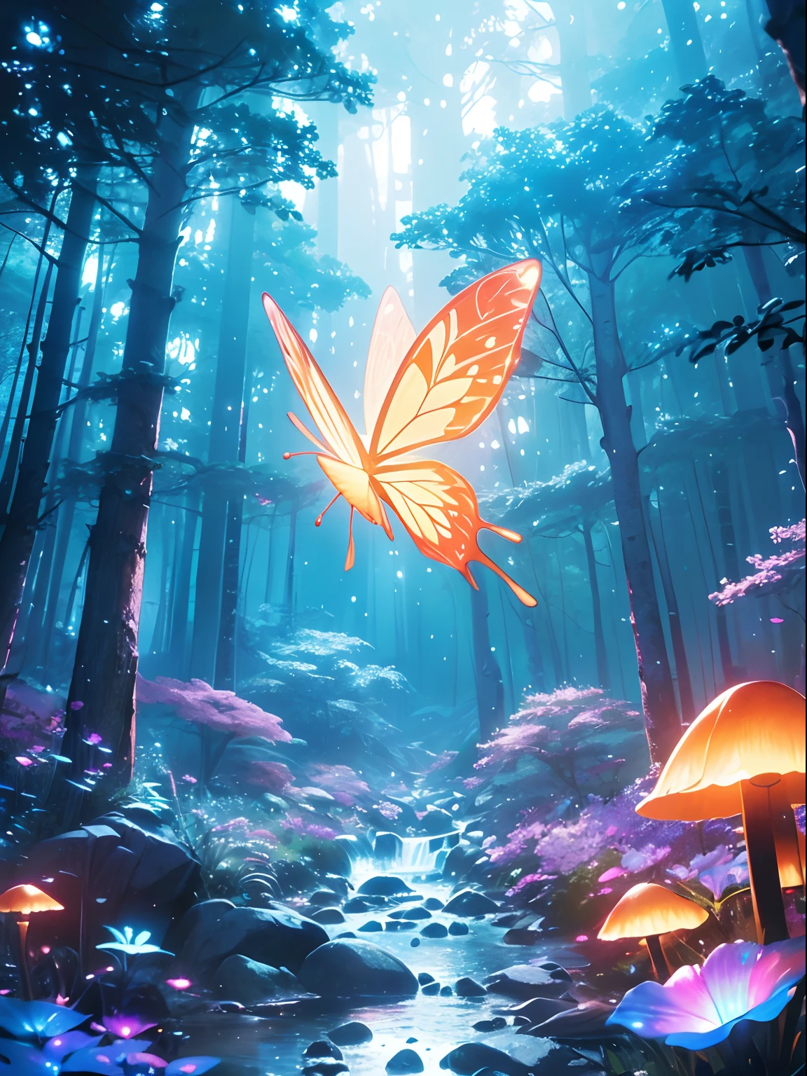 Enchanting mysterious forest, Neon butterfly, Pure blue water river spring, Golden mini fairy, Glowing mushrooms release pollen, Extremely beautiful scenery, (Ultra-realistic), {Extremely detailed 8k CG unit wallpaper}, Expansive landscape photography, (Prioritize a low view of the entire scene, (Broaden your horizons), (low  angle shot), (high light: 1.5), (Low light: 1.0), (Warm light source: 1.0), Complex details, (Iridescent colors: 1.5), (Bright lighting), (Atmospheric lighting), Nature, magical, landscape