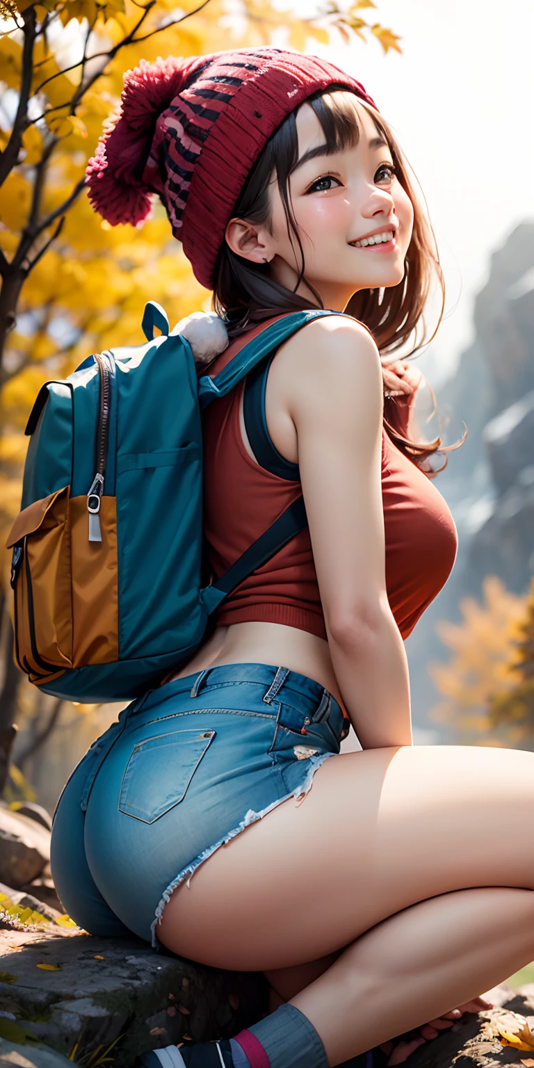 top-quality、Top image quality、masterpiece、(Super close-up looking up from below)、19 Year Old Girl Mountaineering、Back view wearing light shorts that emphasize the thighs、Backpack and climb the slope、Wear a knitted hat on your knees、(Colored leaves、A sexy、Face smile、Face Real