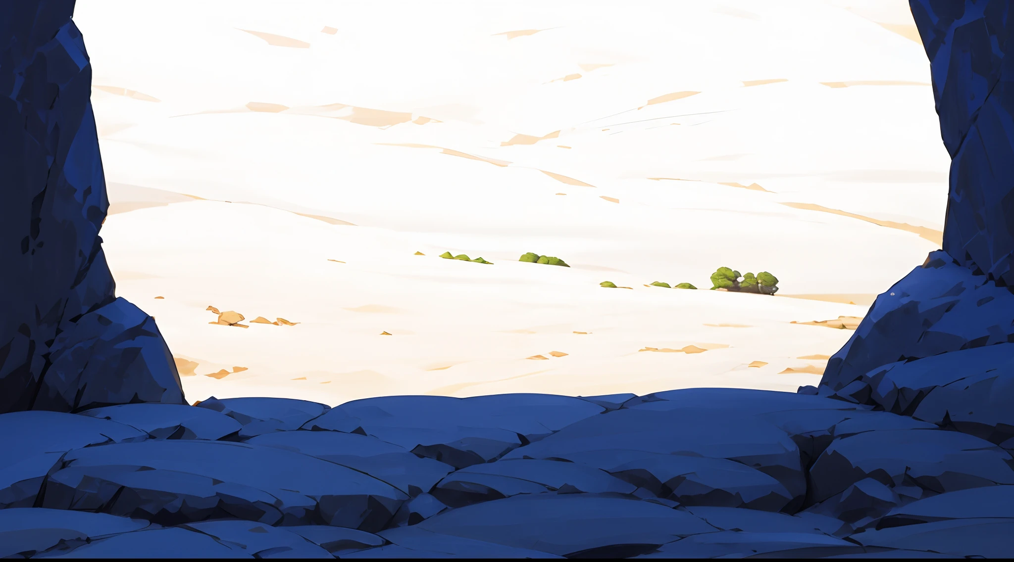 a desert plain with two cliffs on the side, lots of rocks and moss, sand plains,