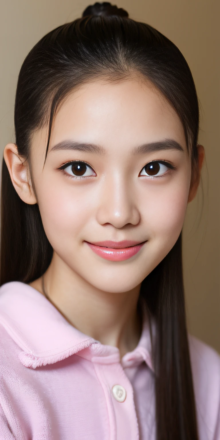 neat college girl、petite person, Photorealsitic, detailed Skin texture, ultra-detailliert、a smile、Super detailed face、detailed lips、A detailed eye、二重まぶた、14 years old girl、ponytail hair、thin face, large eyes, thin nose,