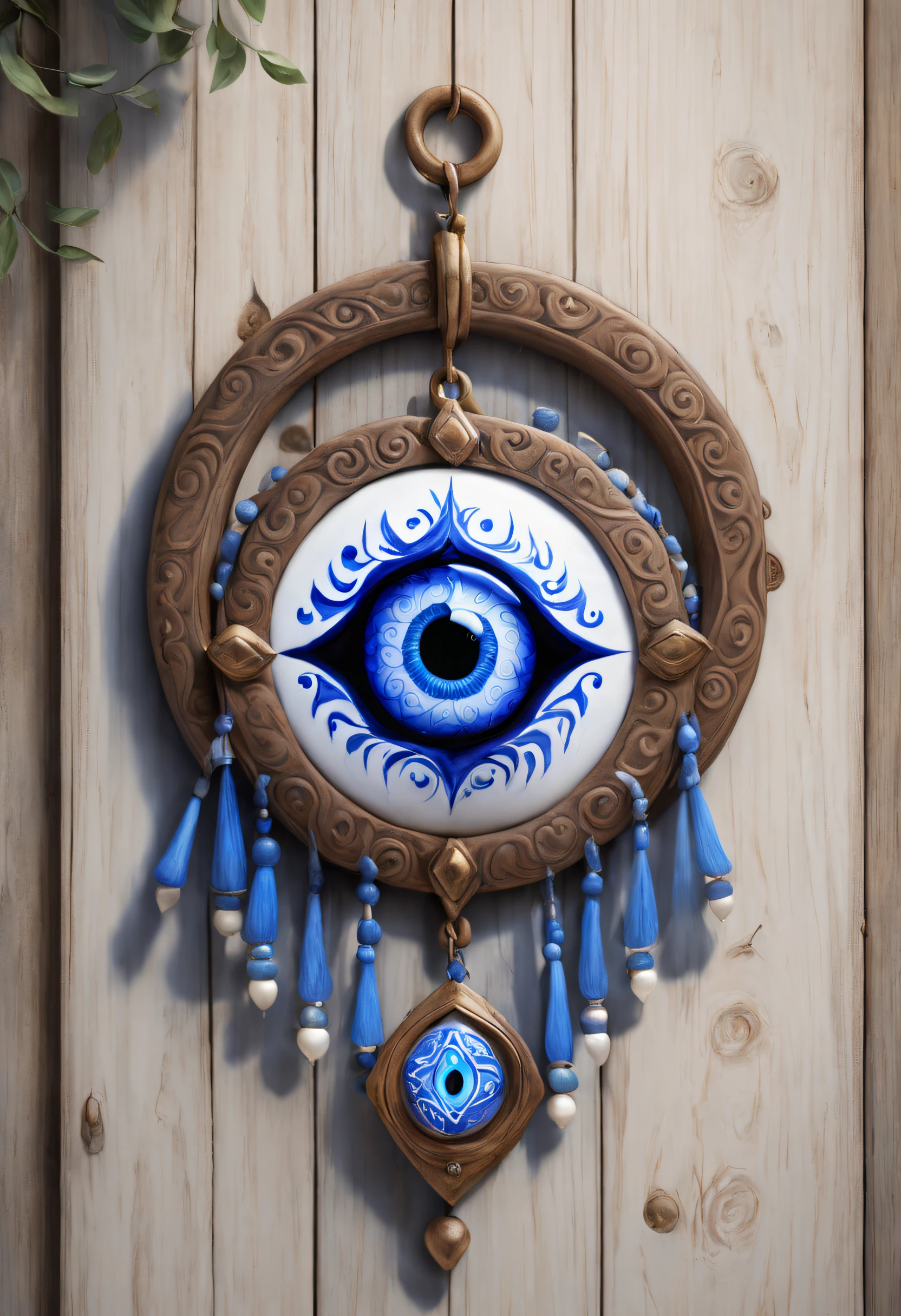 "A beautifully handcrafted Nazar amulet hangs elegantly on a rustic wooden door, its mesmerizing blue and white pattern glowing softly as it shields the tranquil home from any malicious intentions of the devil's eye, instilling a sense of harmony and protection within."