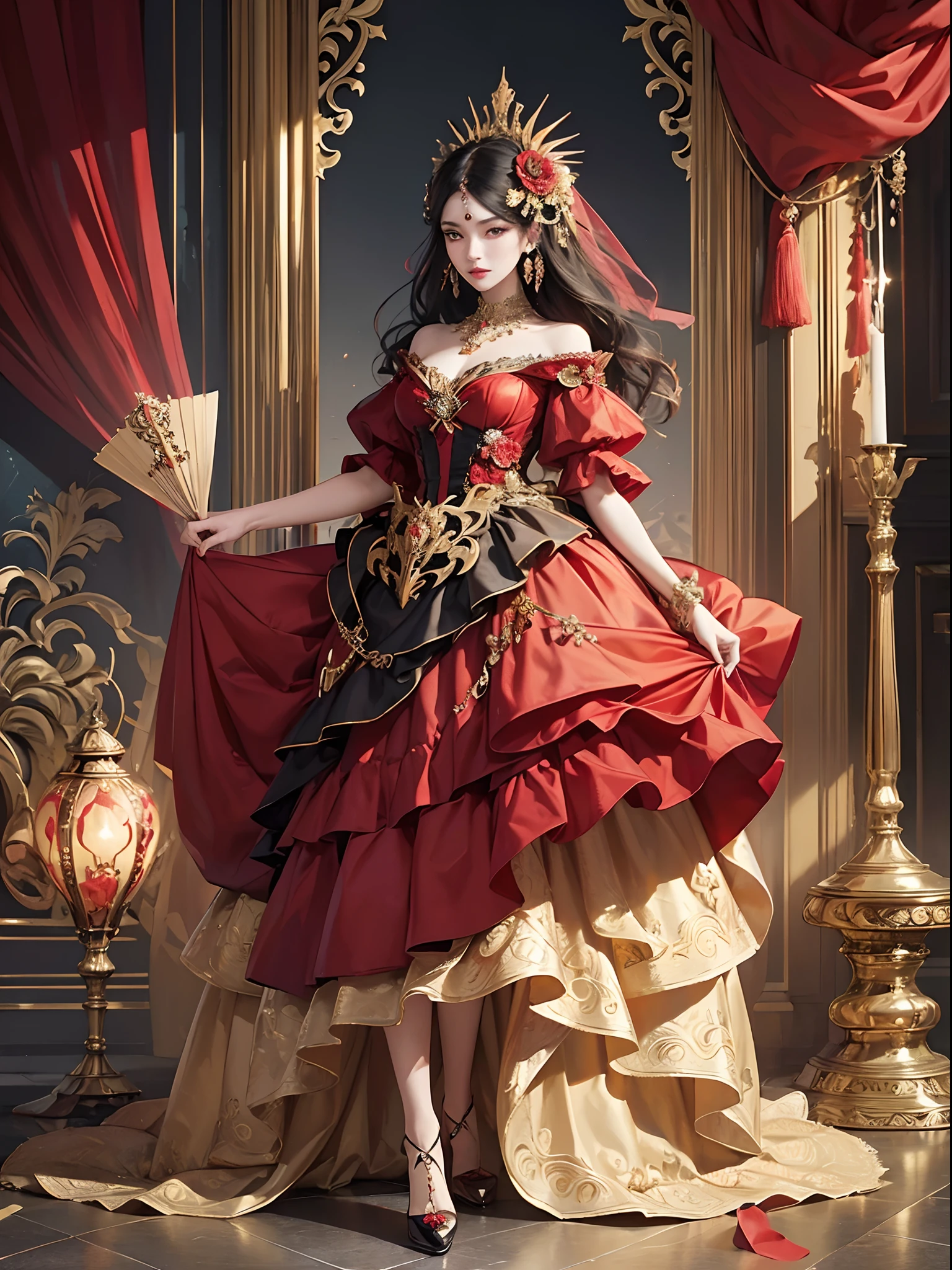 Red and gold tones、Vibrant colors、((masterpiece)))、(((top-quality)))、((ultra-detailliert))、(A hyper-realistic)、(highly detailed CGillustration)、Official art、Lisbon at the beginning of the 20th century、Decadent、Madame Papillon、Masquerade、Elegance、Masks that cover most of the face、Colorful and detailed mask design、matchless beauty、Fans、gorgeous dress、jewely、Perfect Angle、perfect-composition、rightward、full body Esbian
