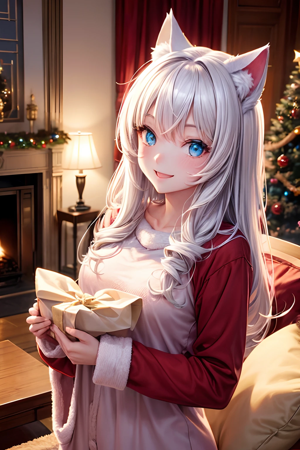 Top quality, high resolution, perfect human structure, human focus, front view, glowing hair, glowing eyes, cat ears, winter, Christmas, present, holding present, looking happy, pajamas, overall angle, medium chest, living room, laughing happily, gradient eyes, swept BANGS,