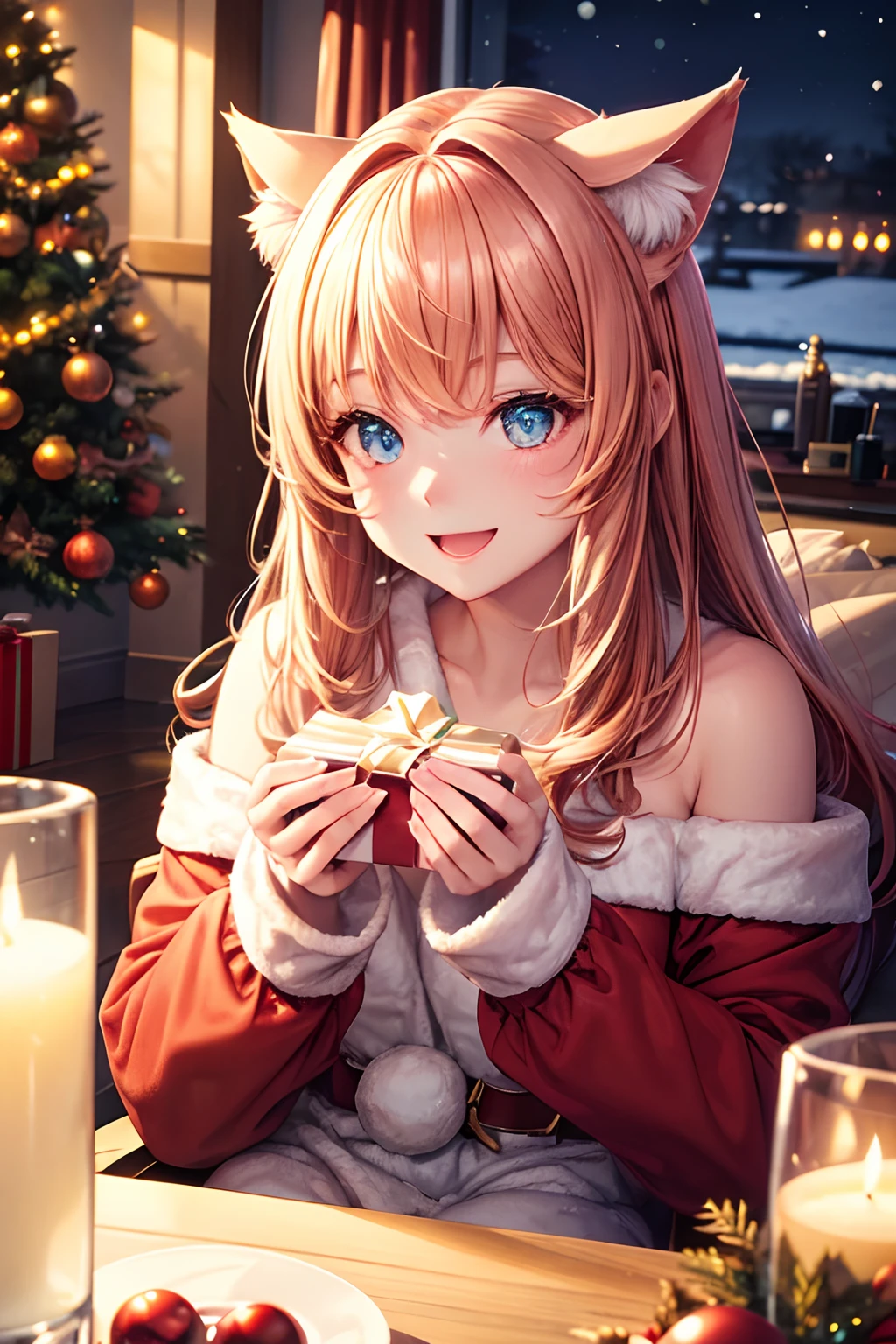 Top quality, high resolution, perfect human structure, human focus, front view, glowing hair, glowing eyes, cat ears, winter, Christmas, present, holding present, looking happy, pajamas, overall angle, medium chest, living room, laughing happily, gradient eyes, swept BANGS,