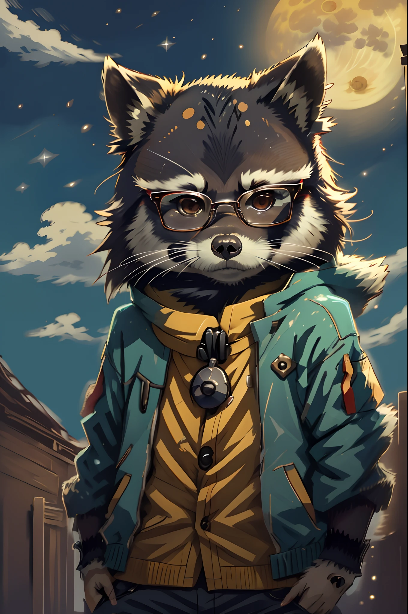 Tanuki with glasses、Anime style、fullmoon、
