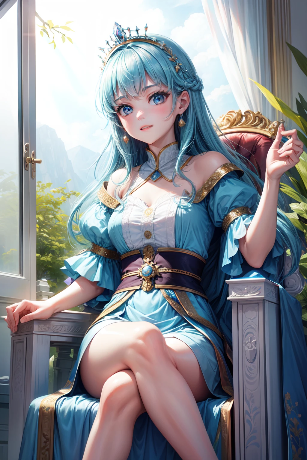 hight resolution, top-quality,  ultra-quality, The ultra-detailliert, lighting like a movie、Princess sitting on a majestic throne、Brave face、
