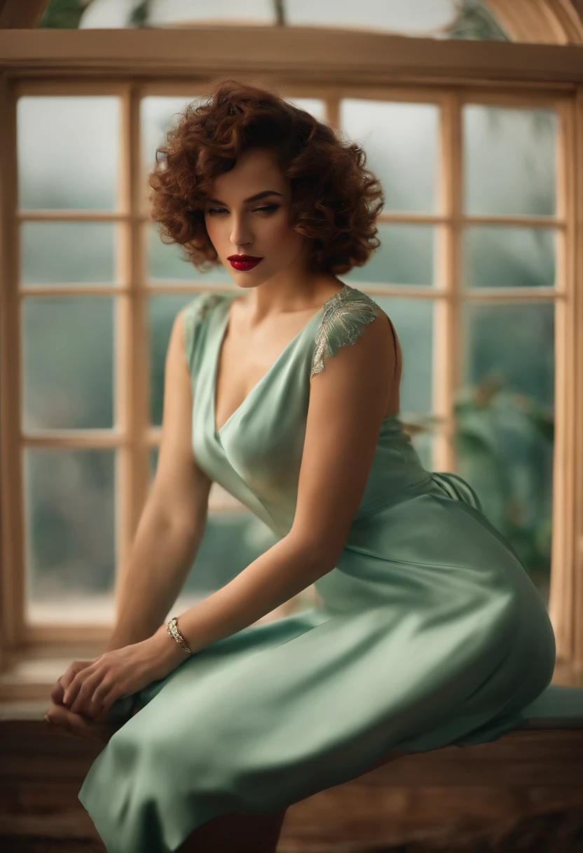 A woman, short hair, curly hair, sexy night dress. sitting with one's haunches resting on the heels and the knees touching the floor and her hands make a gesture of respect by putting the palms together and raising them to the forehead.Side view. Realict. Photo. Perfect slim fixed body.
