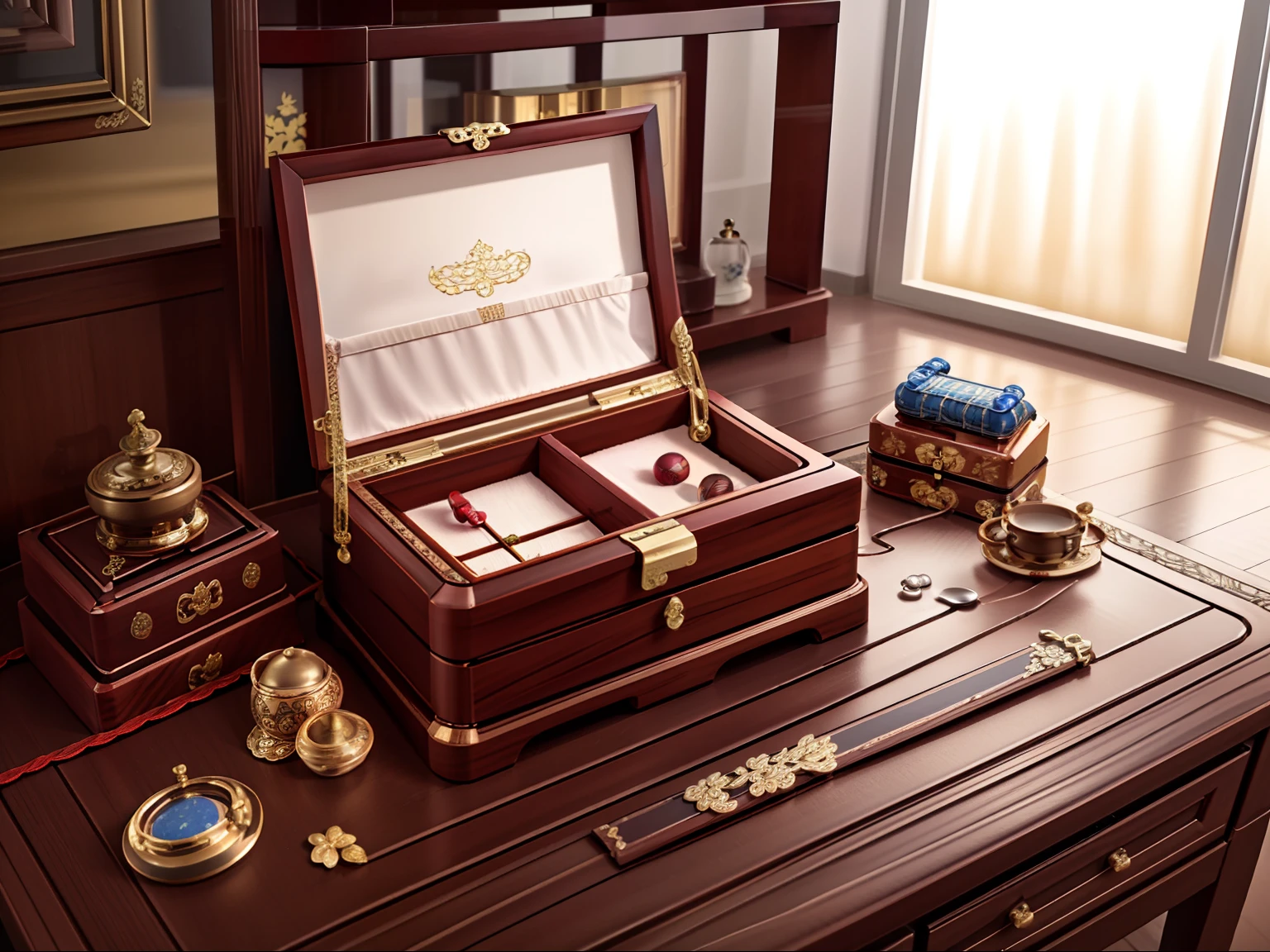 (best quality,8k,highres,ultra-detailed:1.2),detailed game art,artistic illustration,treasure box,game loot box,rendered art,excessively detailed art,4K detailed painting,front view of the treasure box,by Ni Yuanlu,artistic card art,product design,jewelry box,lid with a mirror,exquisite ancient-style environment,chest,elaborate jewelry box design,fine patterns,solid wood material with intricate metal ornaments,excessive Oriental elements,product overload,exquisite gift box,Baroque-style product,quiet and harmonious color palette