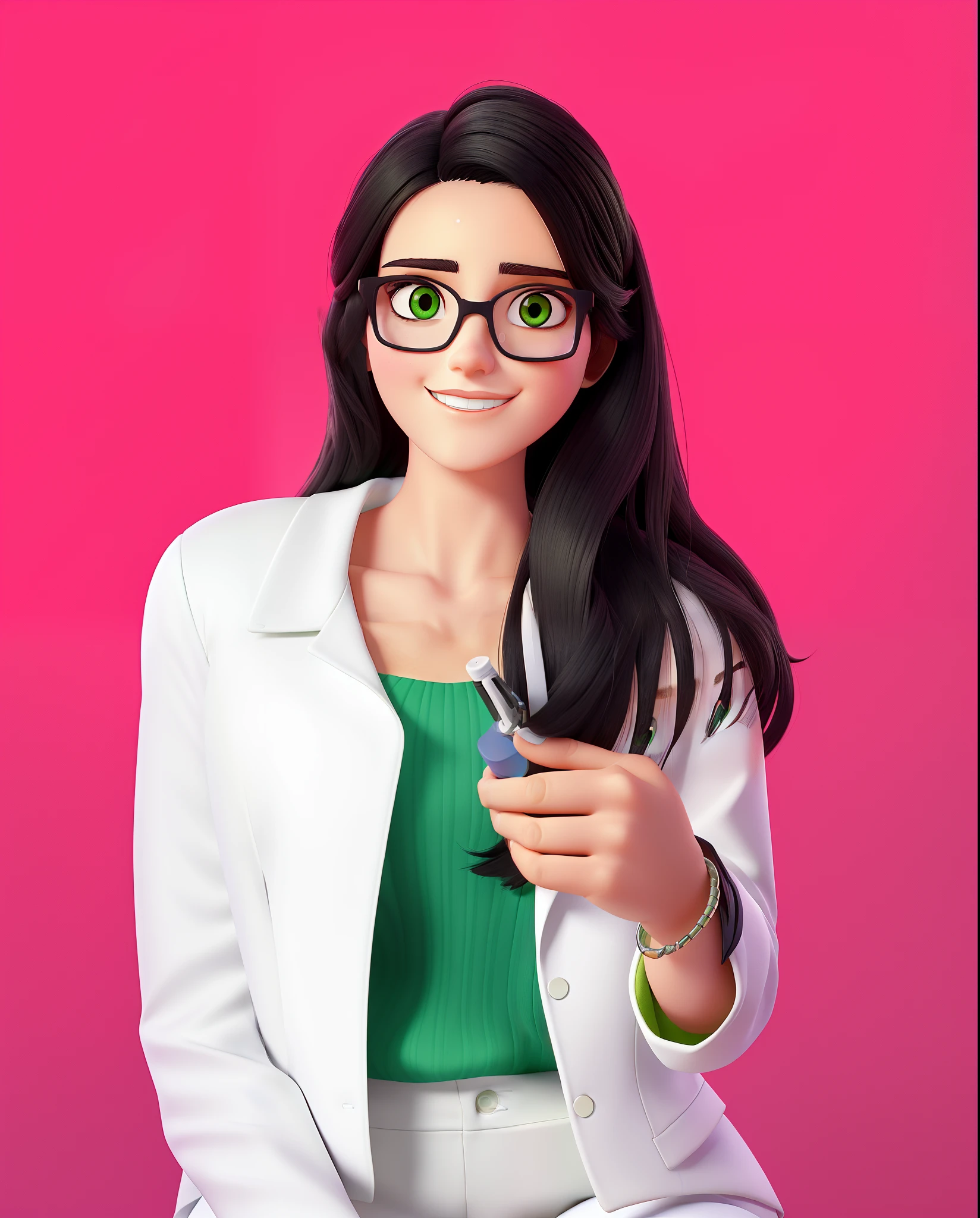 Mulher branca do rosto fino com o queixo levemente pontiagudo arredondado, Black eyes with square glasses, Black straight hair in a white jacket with a light green blouse wearing a white pants sitting holding eyelash cleaning equipment on the bench behind a pink background,