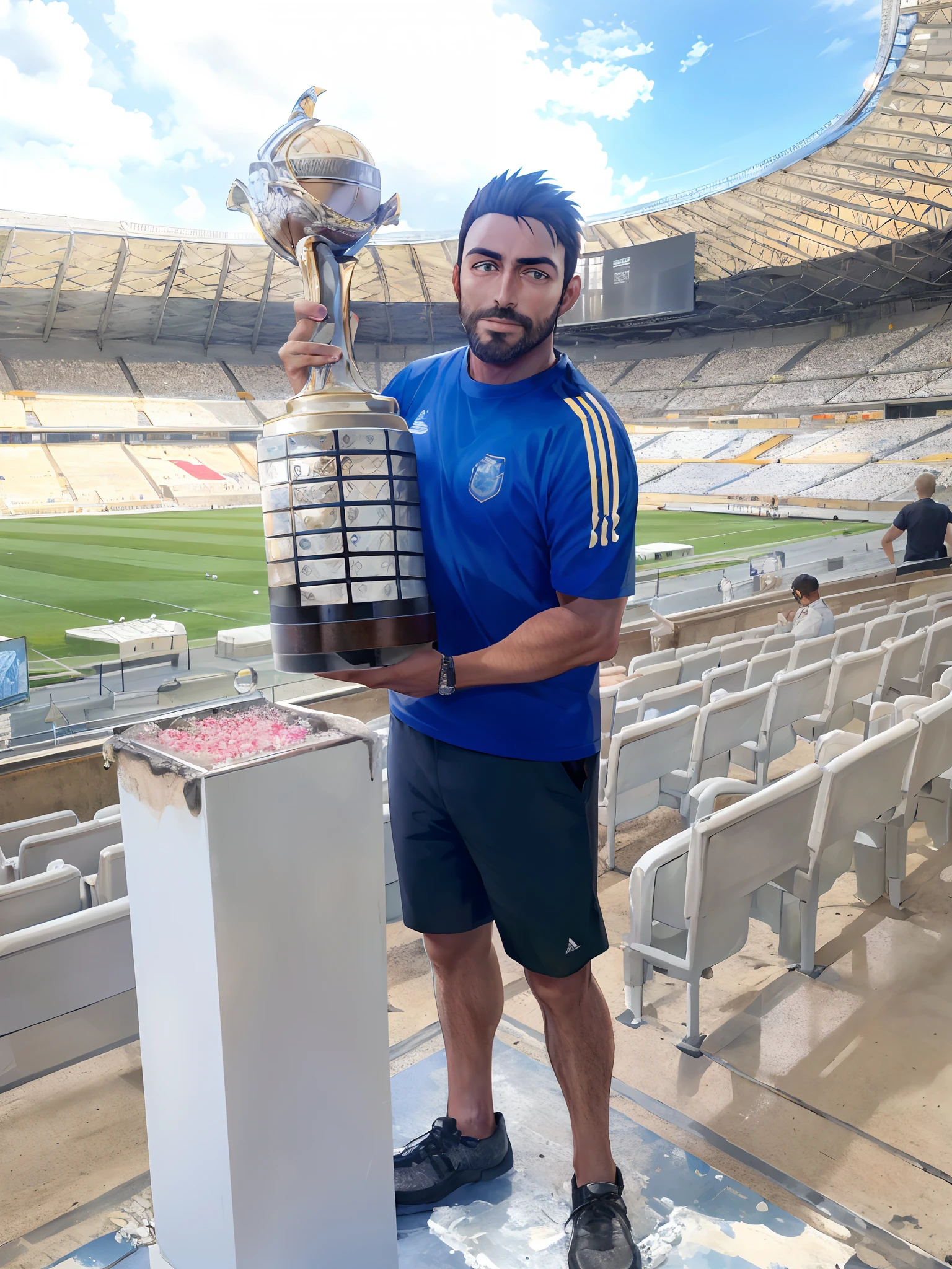 Arafed man holding a trophy in a stadium with many seats, holding the larry o'brien trophy, competition winning, vencedor do concurso 2021, Riyahd Cassiem, uma obra-prima impressionante, com um brilhante, grande obra-prima, belos arredores, Obra-prima maravilhosa, 1 st winner, segurando um escudo da torre, Jamie Reid, 2 0 2 2 foto